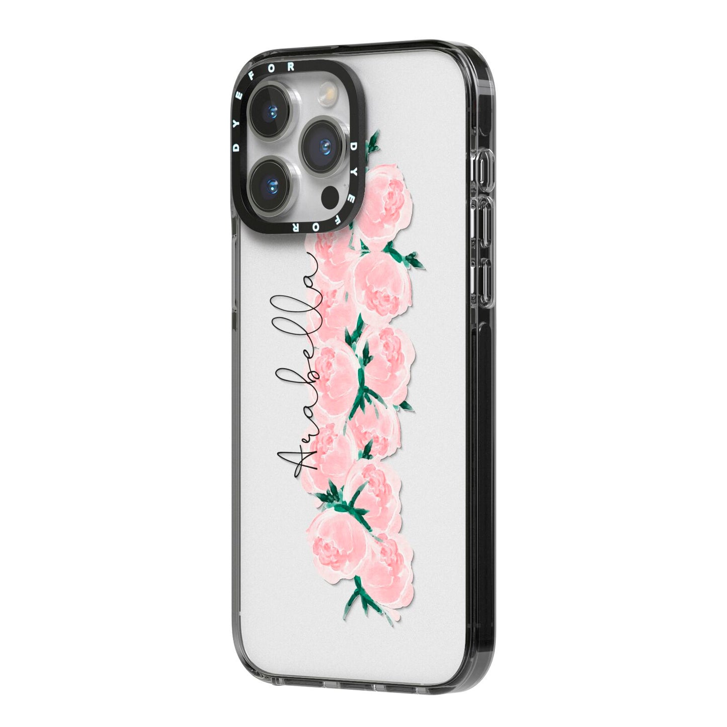 Personalised Name Pink Roses iPhone 14 Pro Max Black Impact Case Side Angle on Silver phone