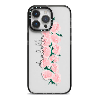 Personalised Name Pink Roses iPhone 14 Pro Max Black Impact Case on Silver phone