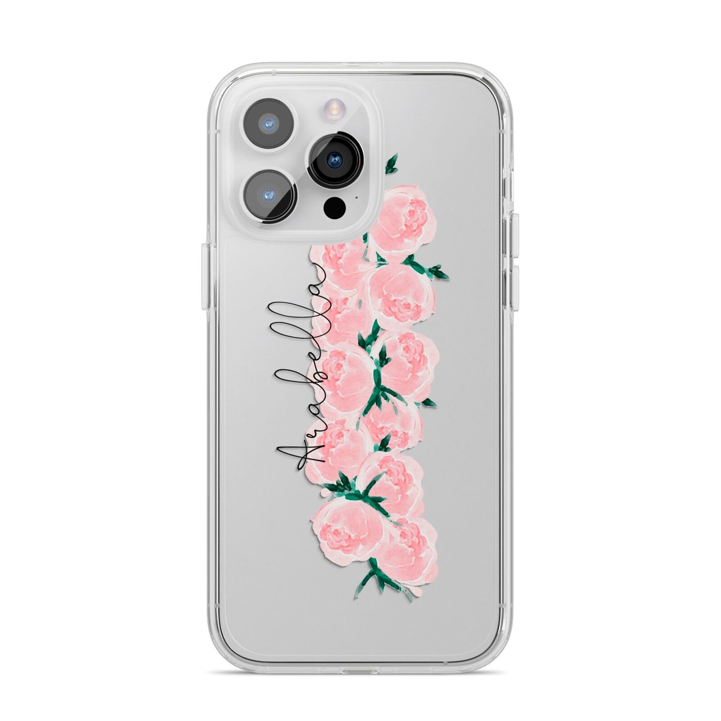 Personalised Name Pink Roses iPhone 14 Pro Max Clear Tough Case Silver