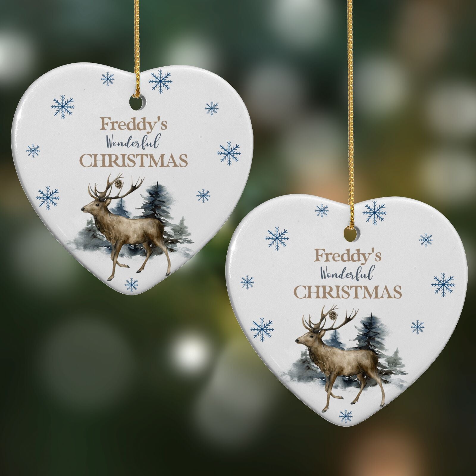 Personalised Name Reindeer Heart Decoration on Christmas Background