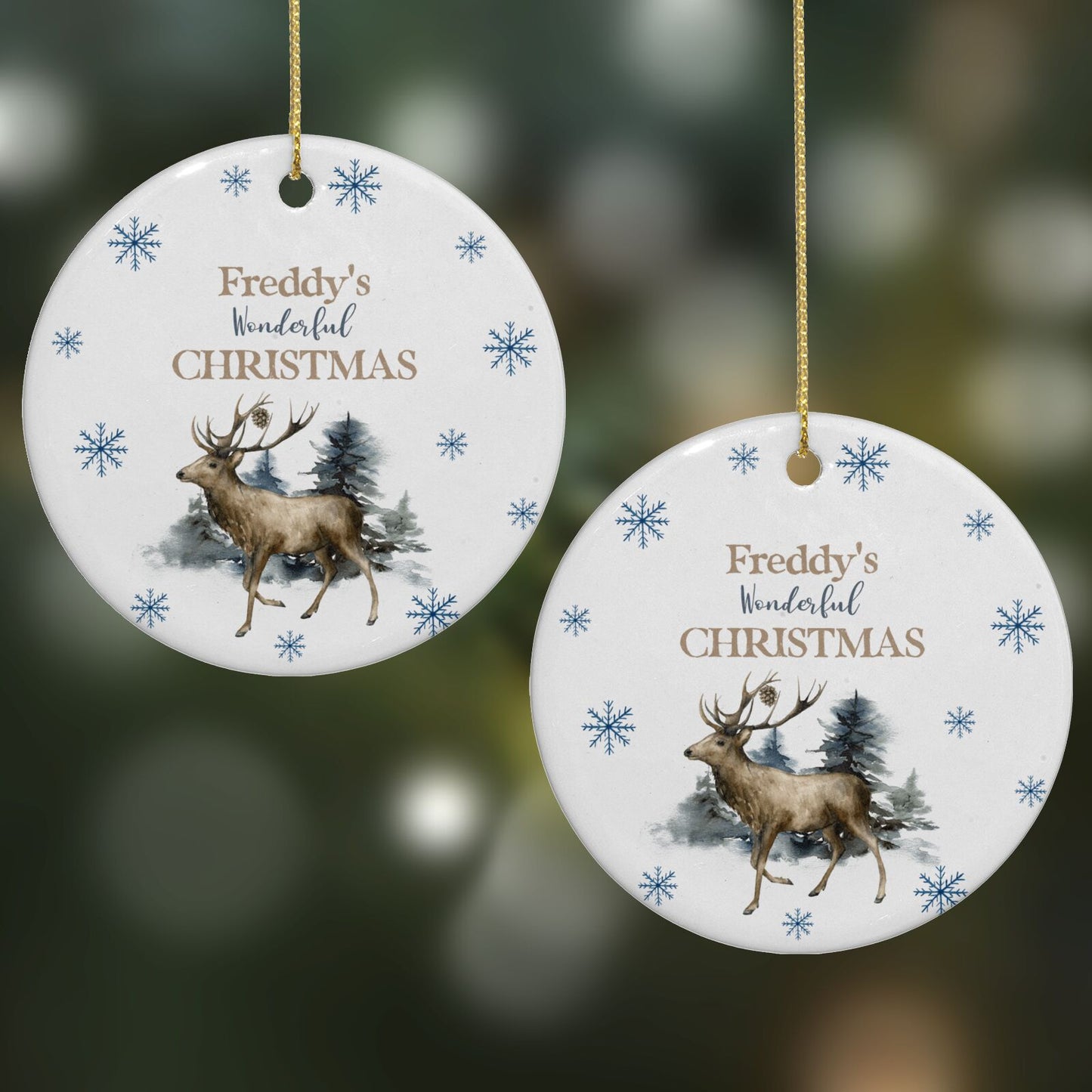 Personalised Name Reindeer Round Decoration on Christmas Background