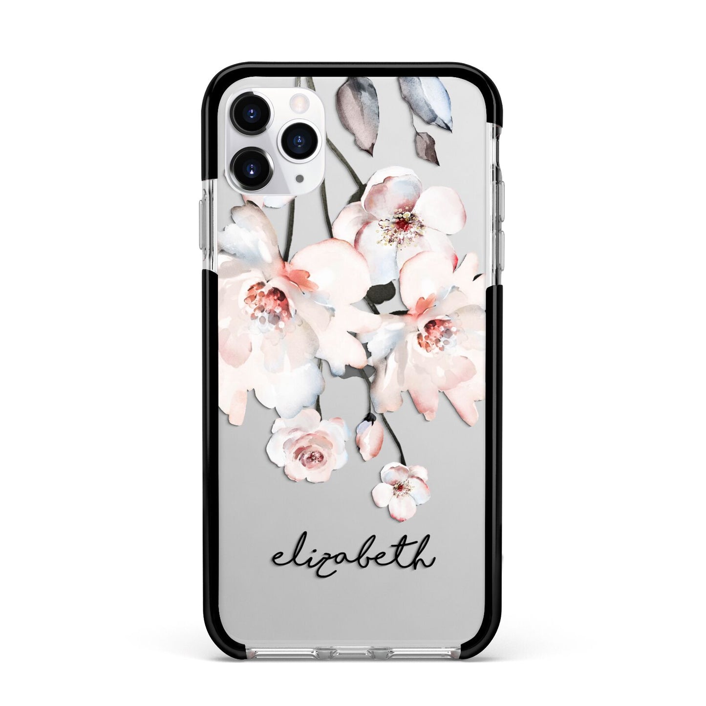 Personalised Name Roses Watercolour Apple iPhone 11 Pro Max in Silver with Black Impact Case