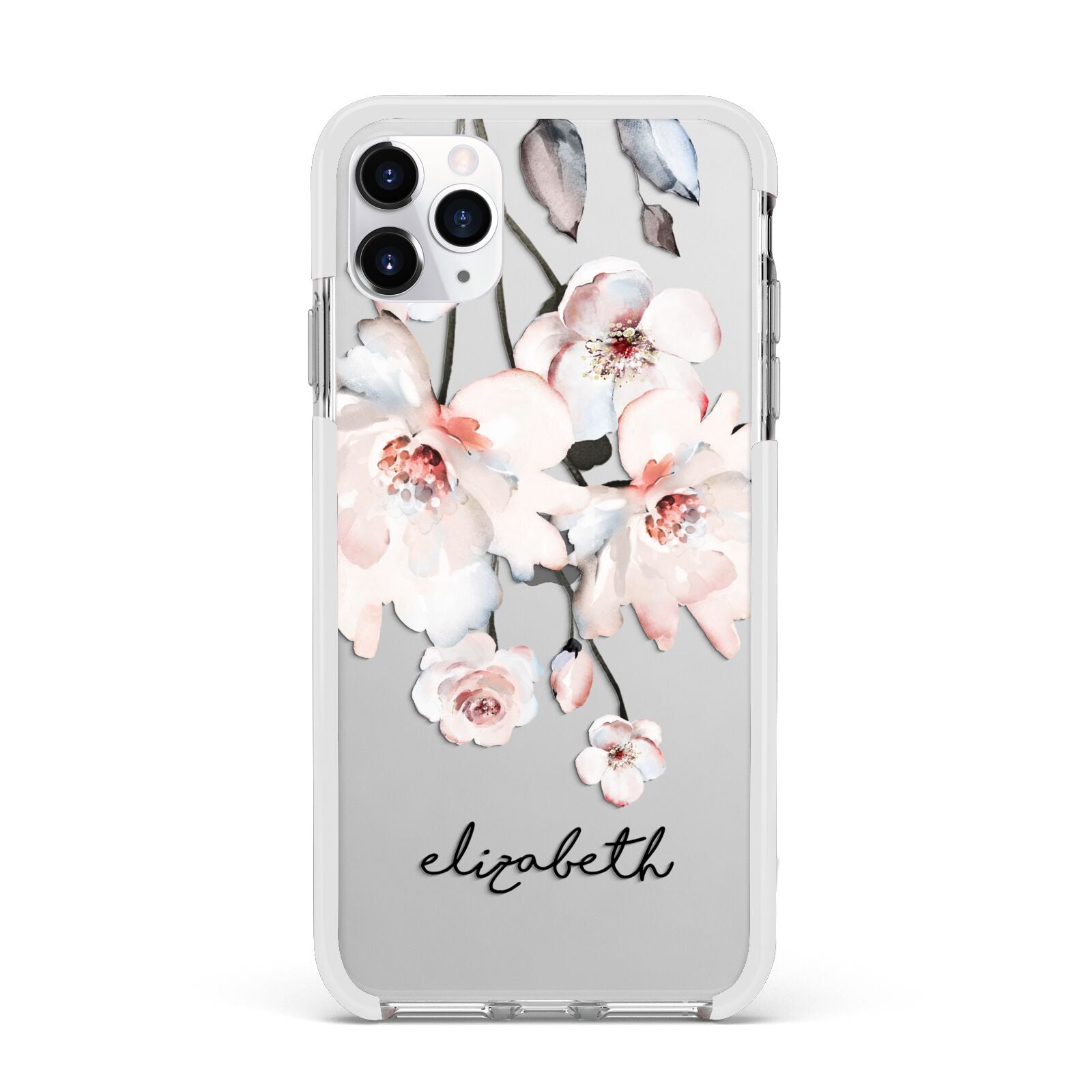Personalised Name Roses Watercolour Apple iPhone 11 Pro Max in Silver with White Impact Case
