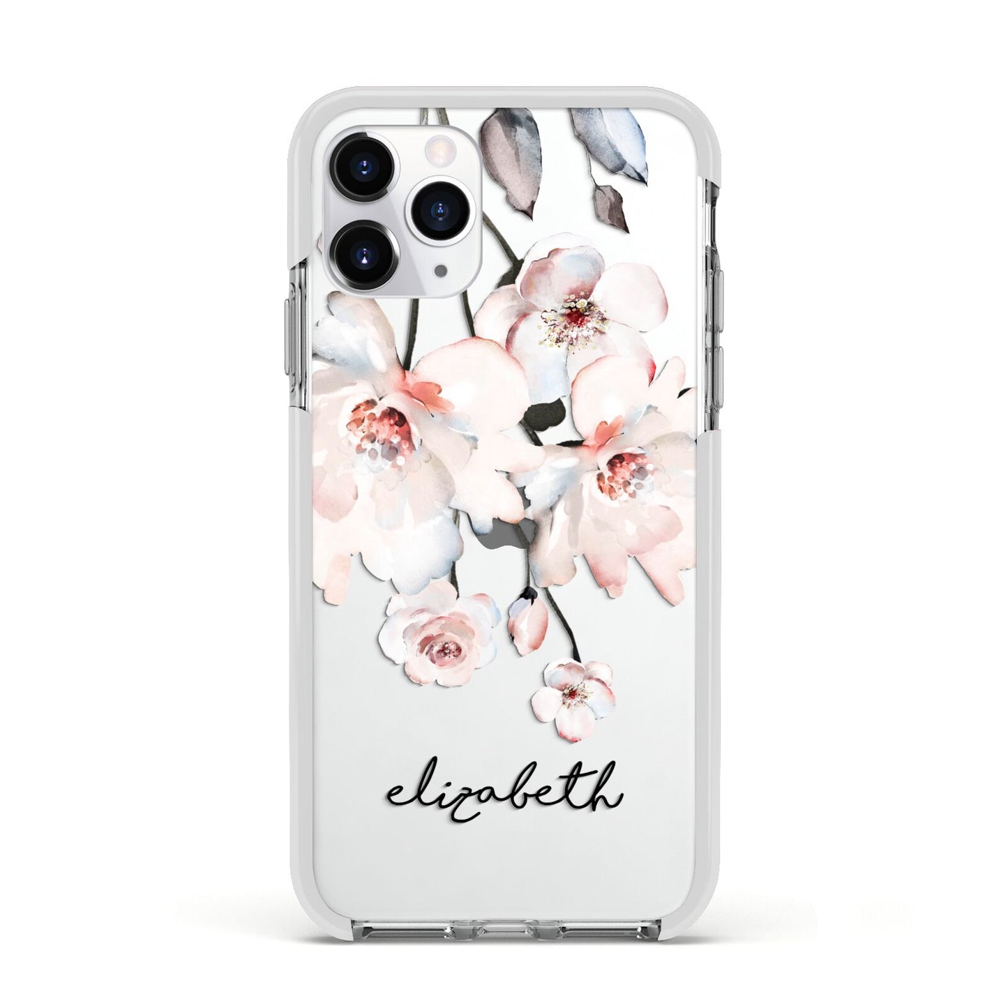Personalised Name Roses Watercolour Apple iPhone 11 Pro in Silver with White Impact Case