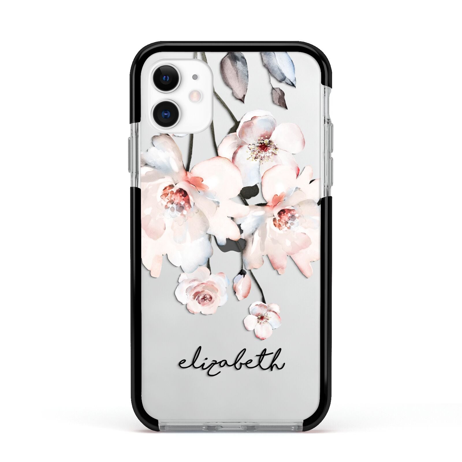 Personalised Name Roses Watercolour Apple iPhone 11 in White with Black Impact Case