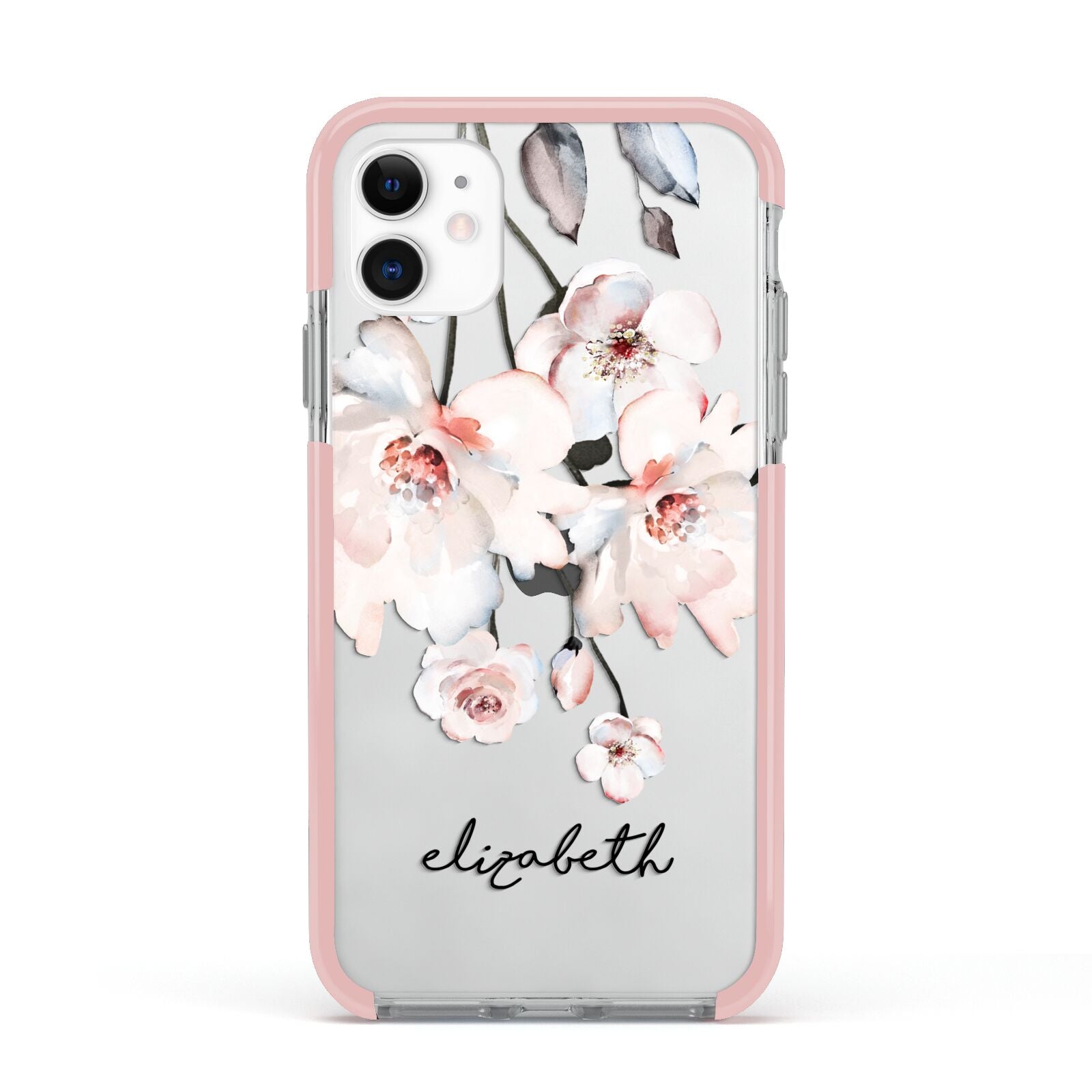 Personalised Name Roses Watercolour Apple iPhone 11 in White with Pink Impact Case