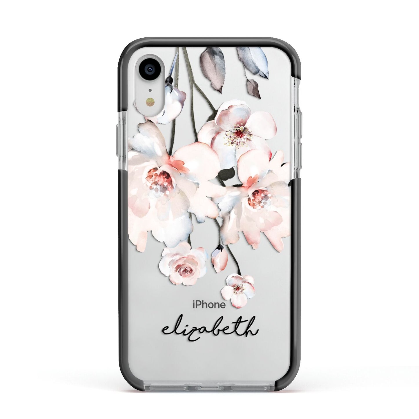 Personalised Name Roses Watercolour Apple iPhone XR Impact Case Black Edge on Silver Phone