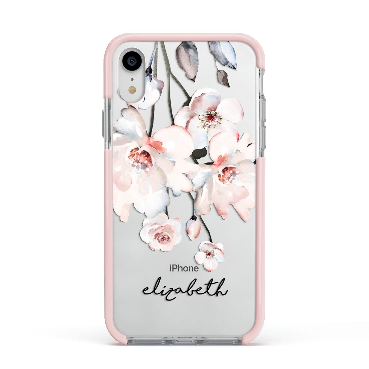 Personalised Name Roses Watercolour Apple iPhone XR Impact Case Pink Edge on Silver Phone
