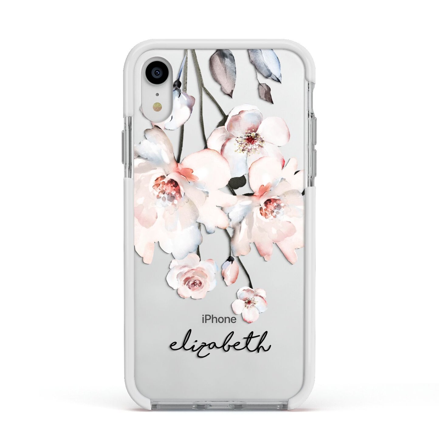 Personalised Name Roses Watercolour Apple iPhone XR Impact Case White Edge on Silver Phone