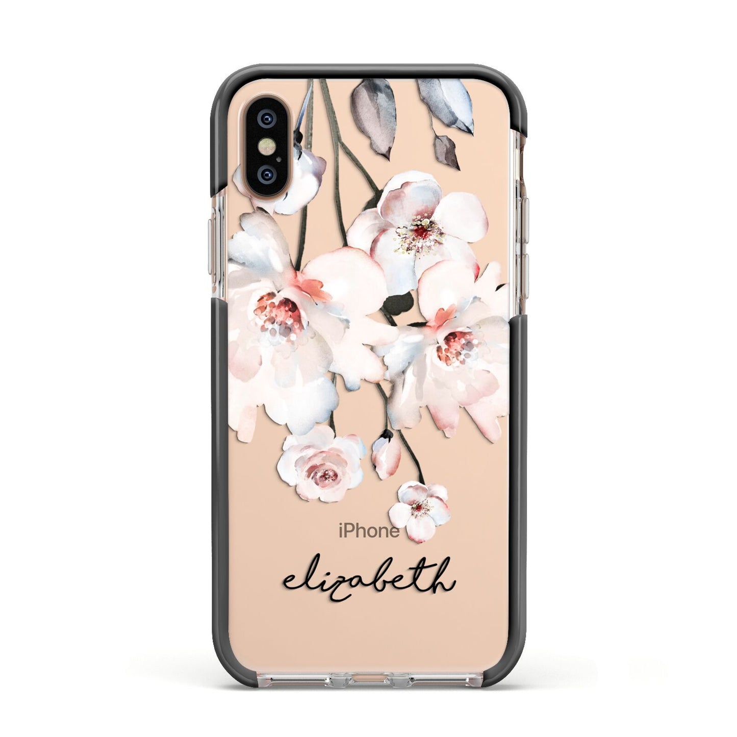 Personalised Name Roses Watercolour Apple iPhone Xs Impact Case Black Edge on Gold Phone