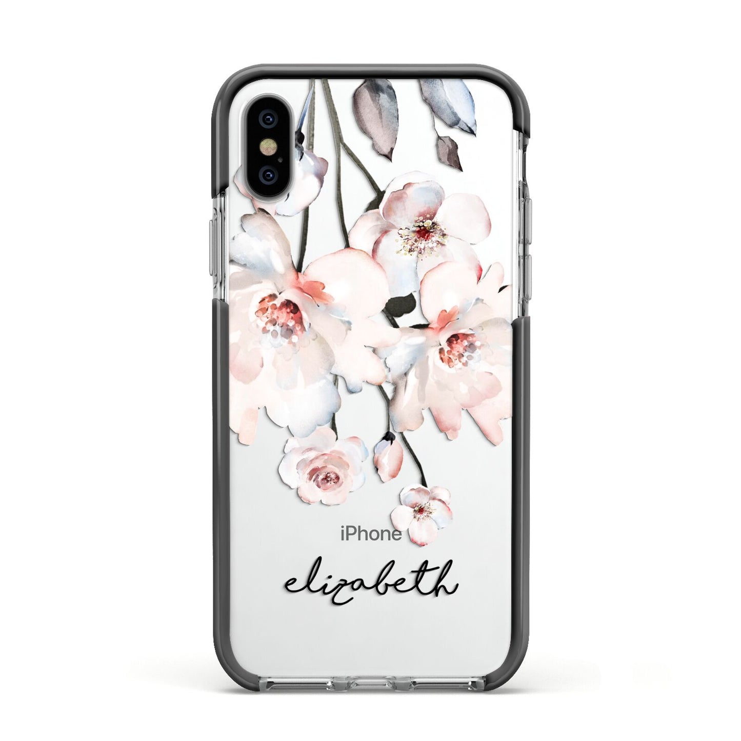 Personalised Name Roses Watercolour Apple iPhone Xs Impact Case Black Edge on Silver Phone