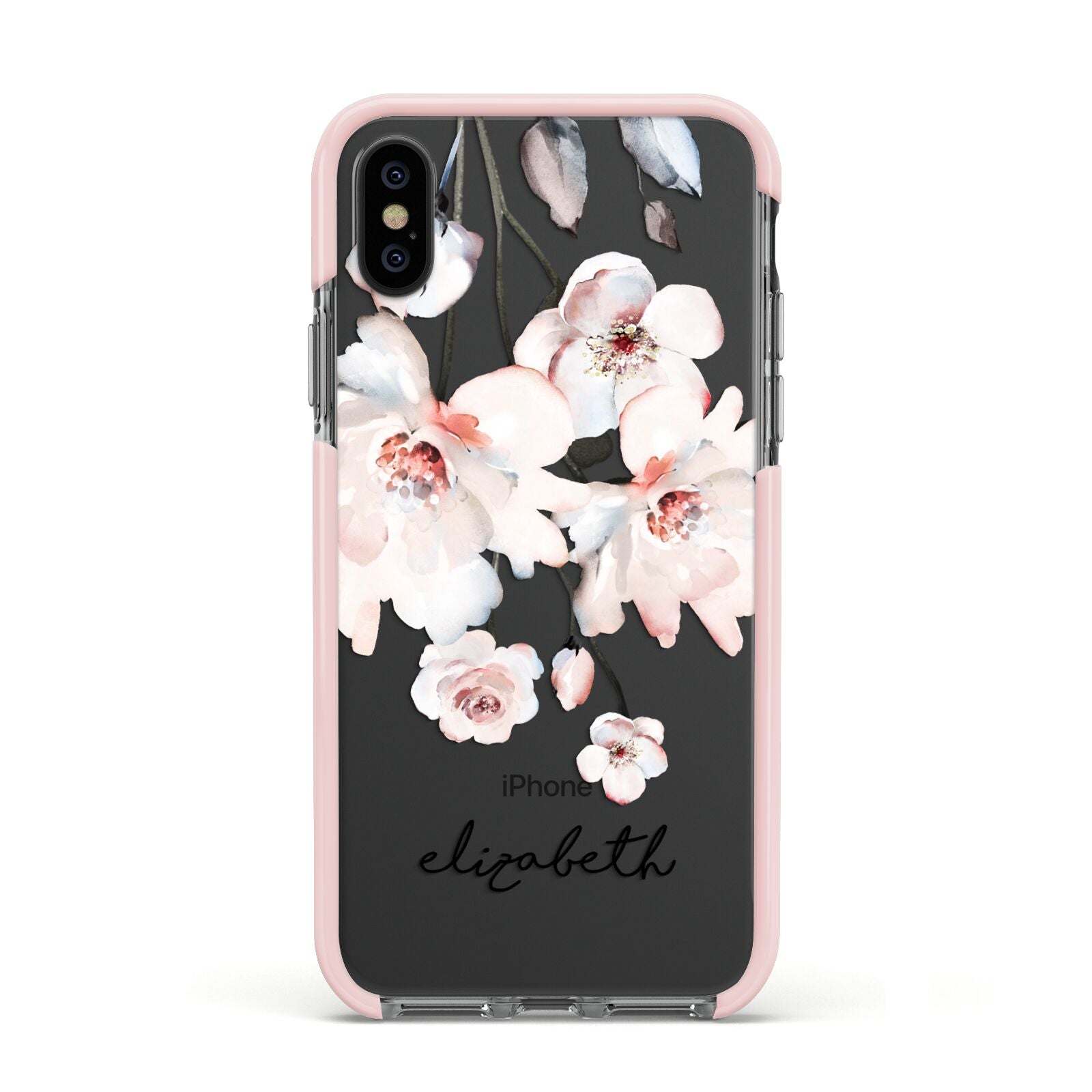 Personalised Name Roses Watercolour Apple iPhone Xs Impact Case Pink Edge on Black Phone