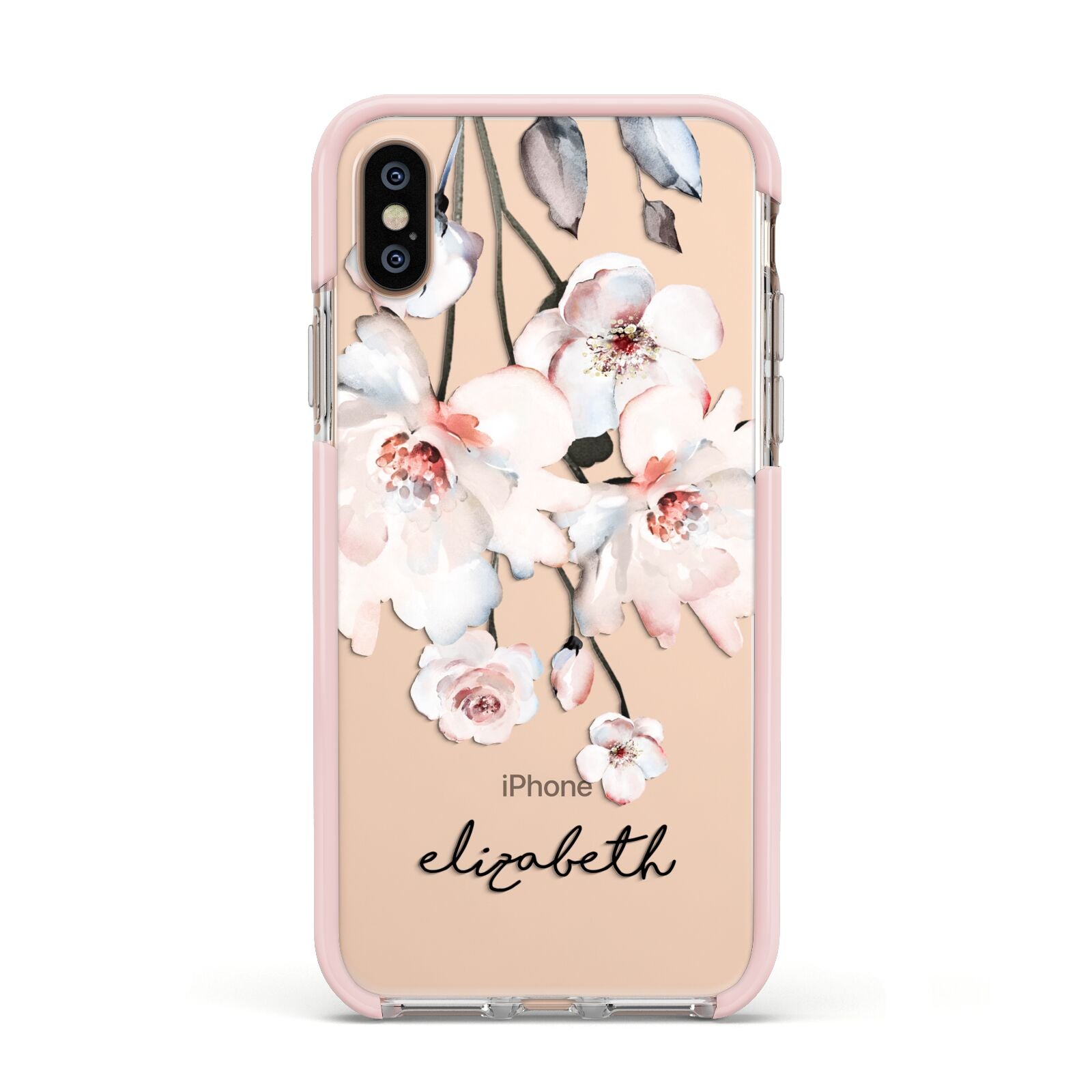Personalised Name Roses Watercolour Apple iPhone Xs Impact Case Pink Edge on Gold Phone