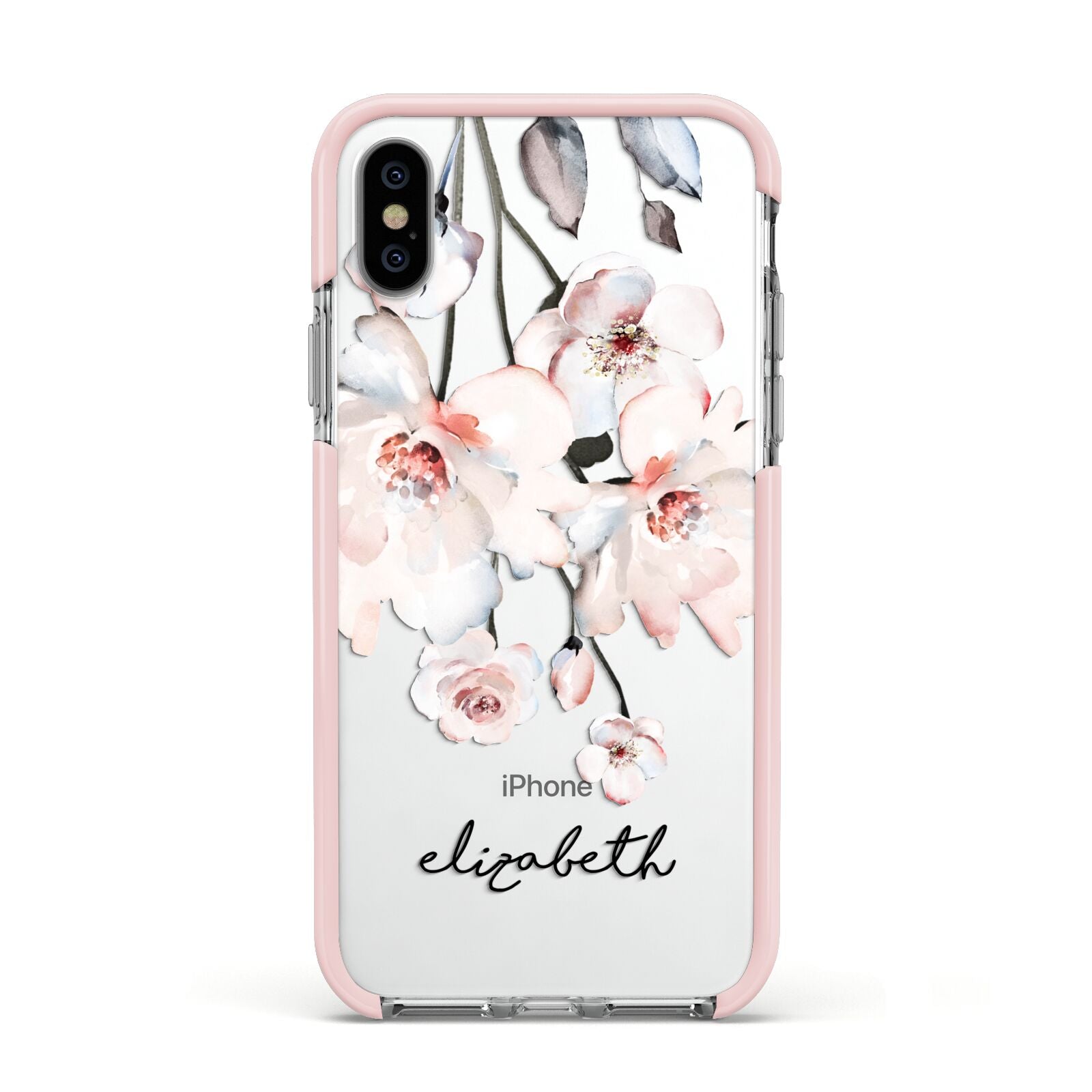 Personalised Name Roses Watercolour Apple iPhone Xs Impact Case Pink Edge on Silver Phone