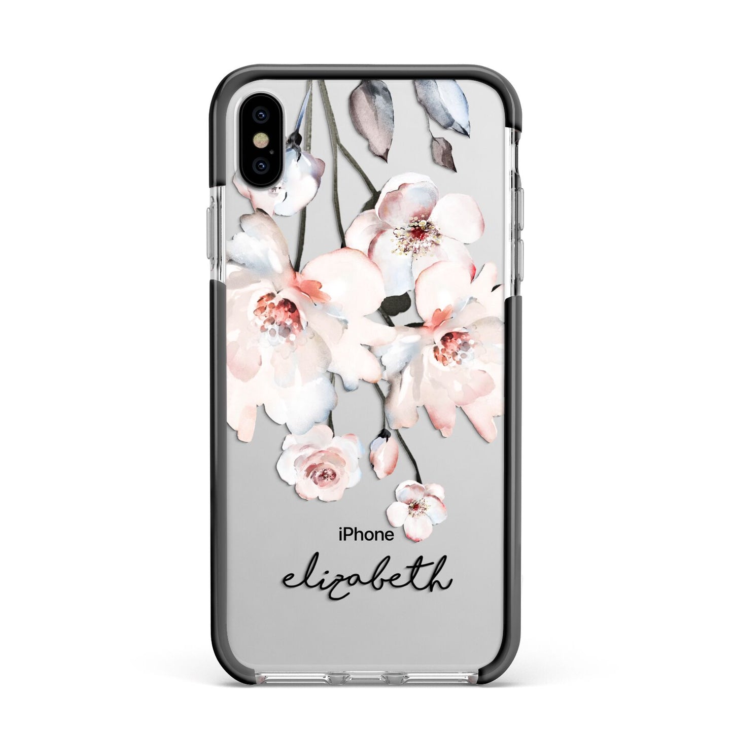 Personalised Name Roses Watercolour Apple iPhone Xs Max Impact Case Black Edge on Silver Phone