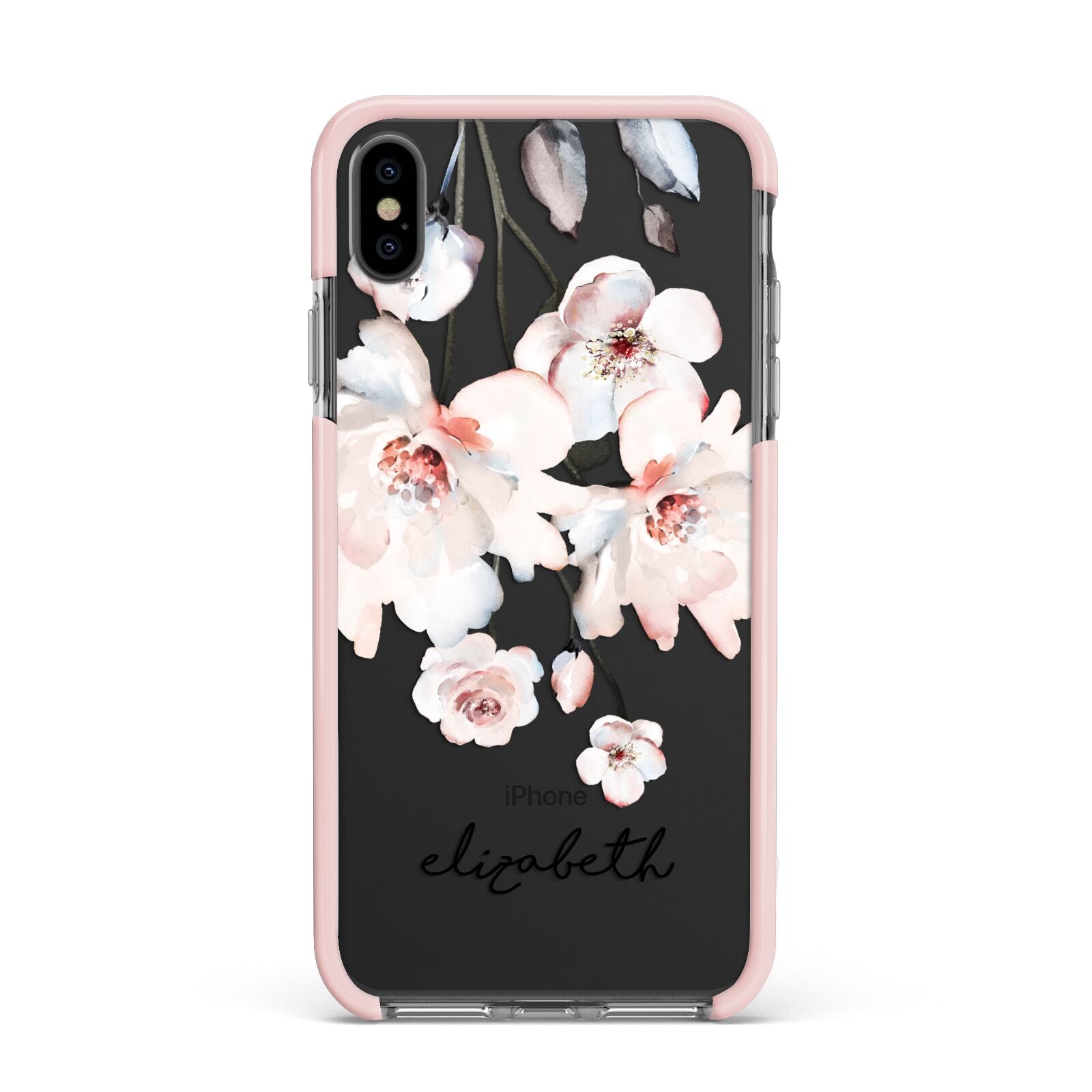 Personalised Name Roses Watercolour Apple iPhone Xs Max Impact Case Pink Edge on Black Phone