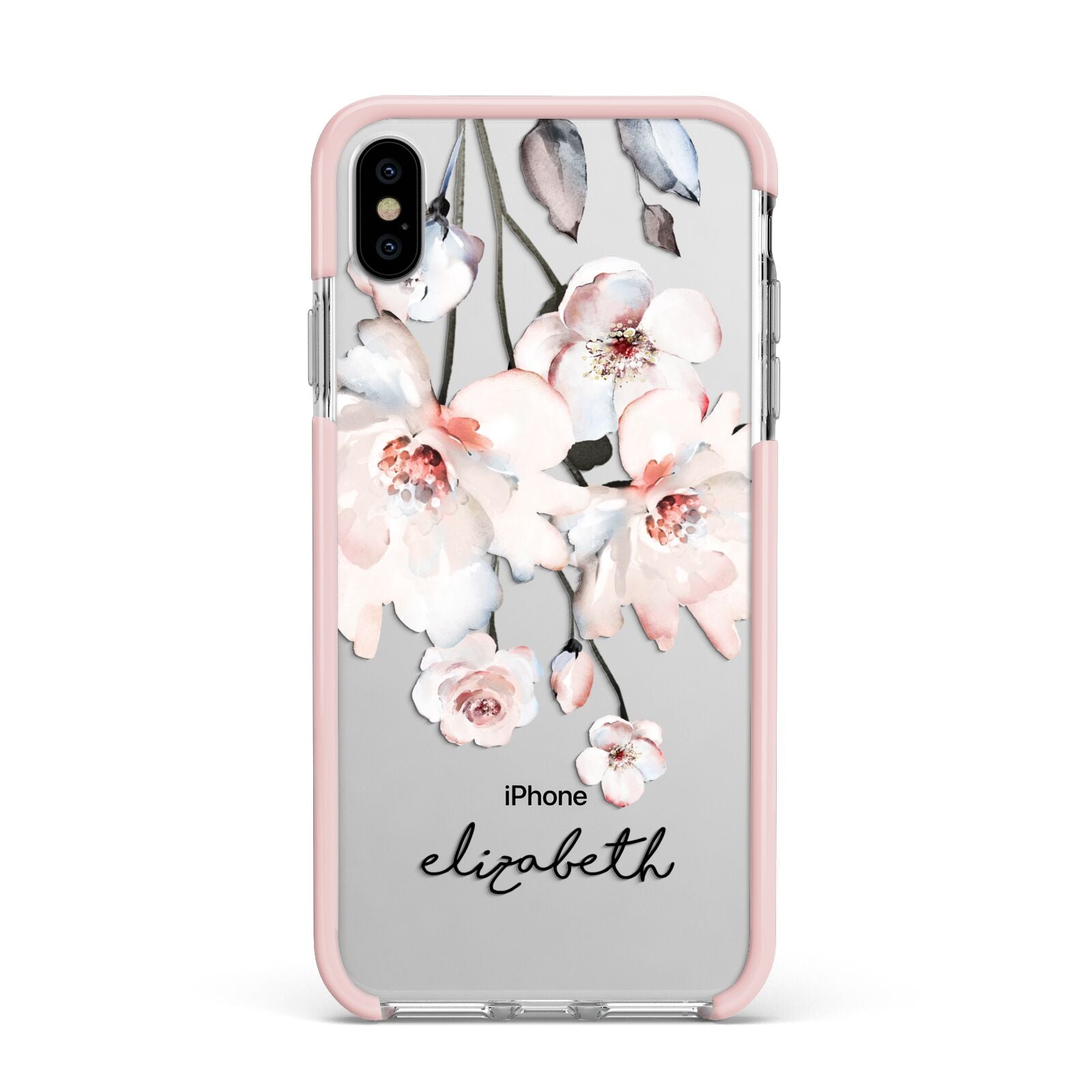 Personalised Name Roses Watercolour Apple iPhone Xs Max Impact Case Pink Edge on Silver Phone
