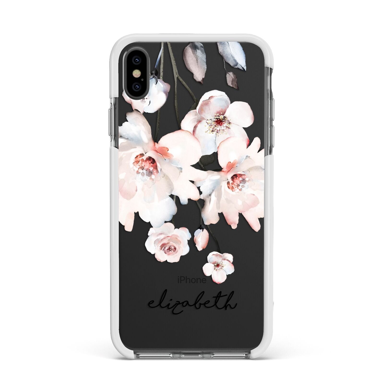 Personalised Name Roses Watercolour Apple iPhone Xs Max Impact Case White Edge on Black Phone