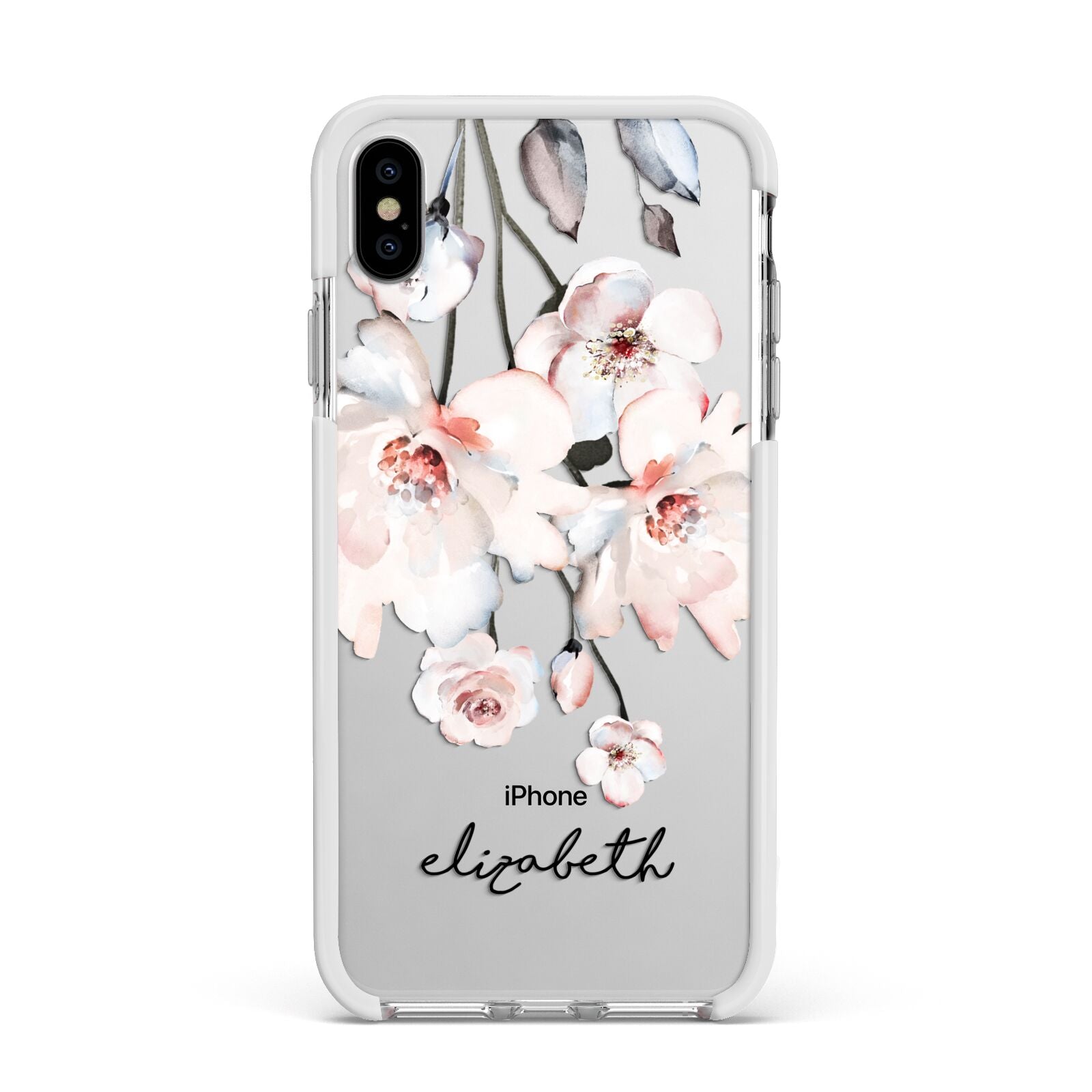 Personalised Name Roses Watercolour Apple iPhone Xs Max Impact Case White Edge on Silver Phone