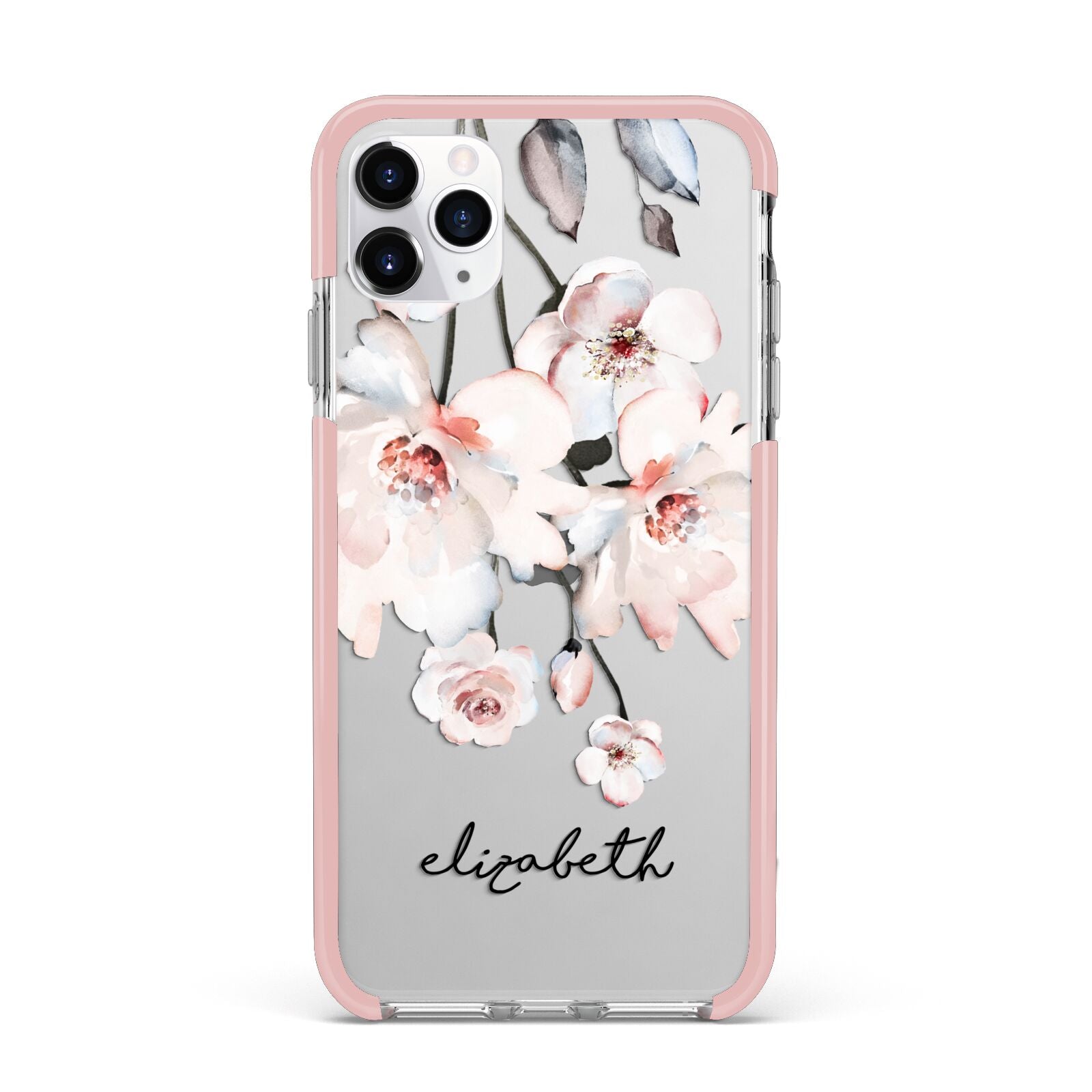 Personalised Name Roses Watercolour iPhone 11 Pro Max Impact Pink Edge Case