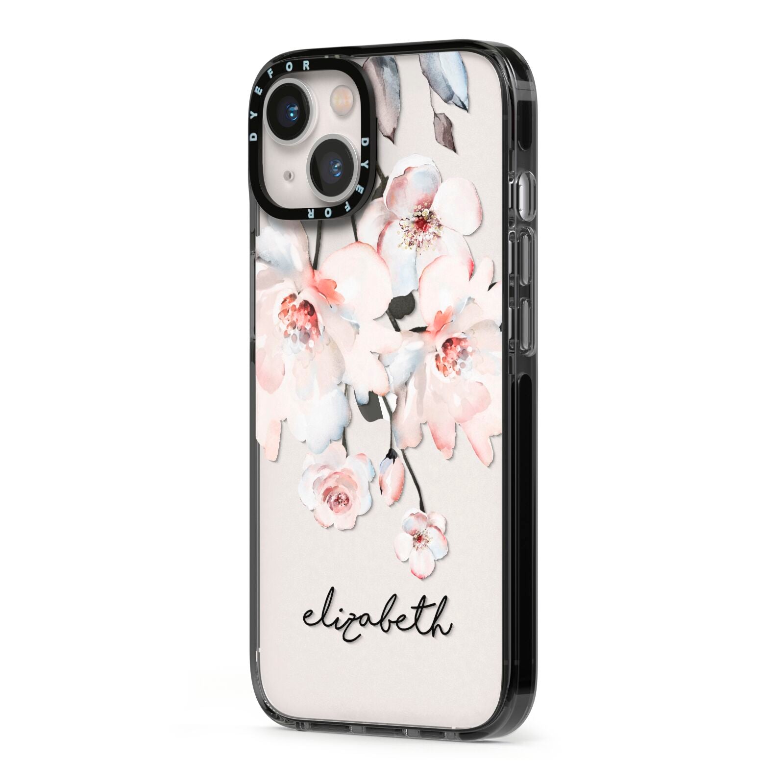 Personalised Name Roses Watercolour iPhone 13 Black Impact Case Side Angle on Silver phone