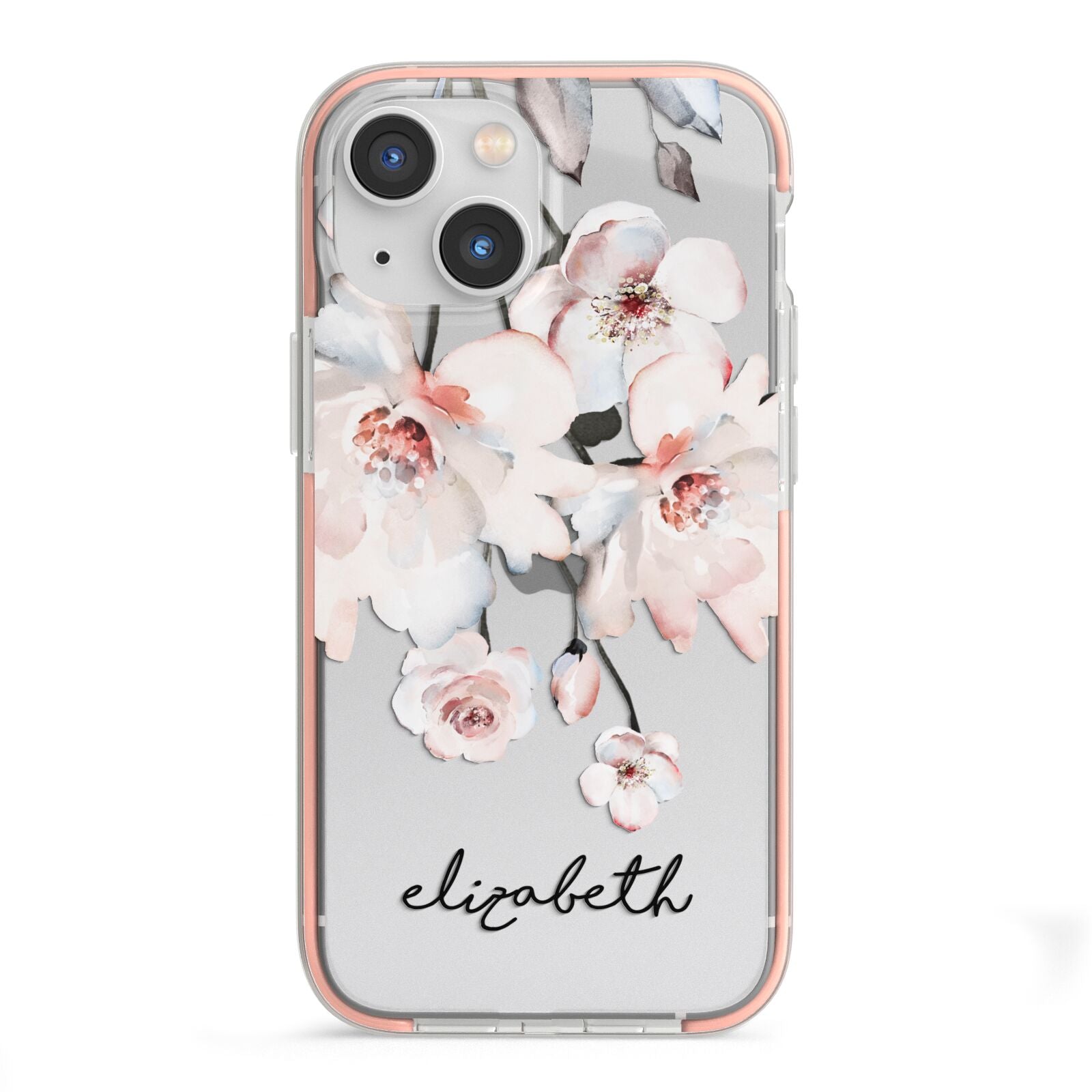Personalised Name Roses Watercolour iPhone 13 Mini TPU Impact Case with Pink Edges