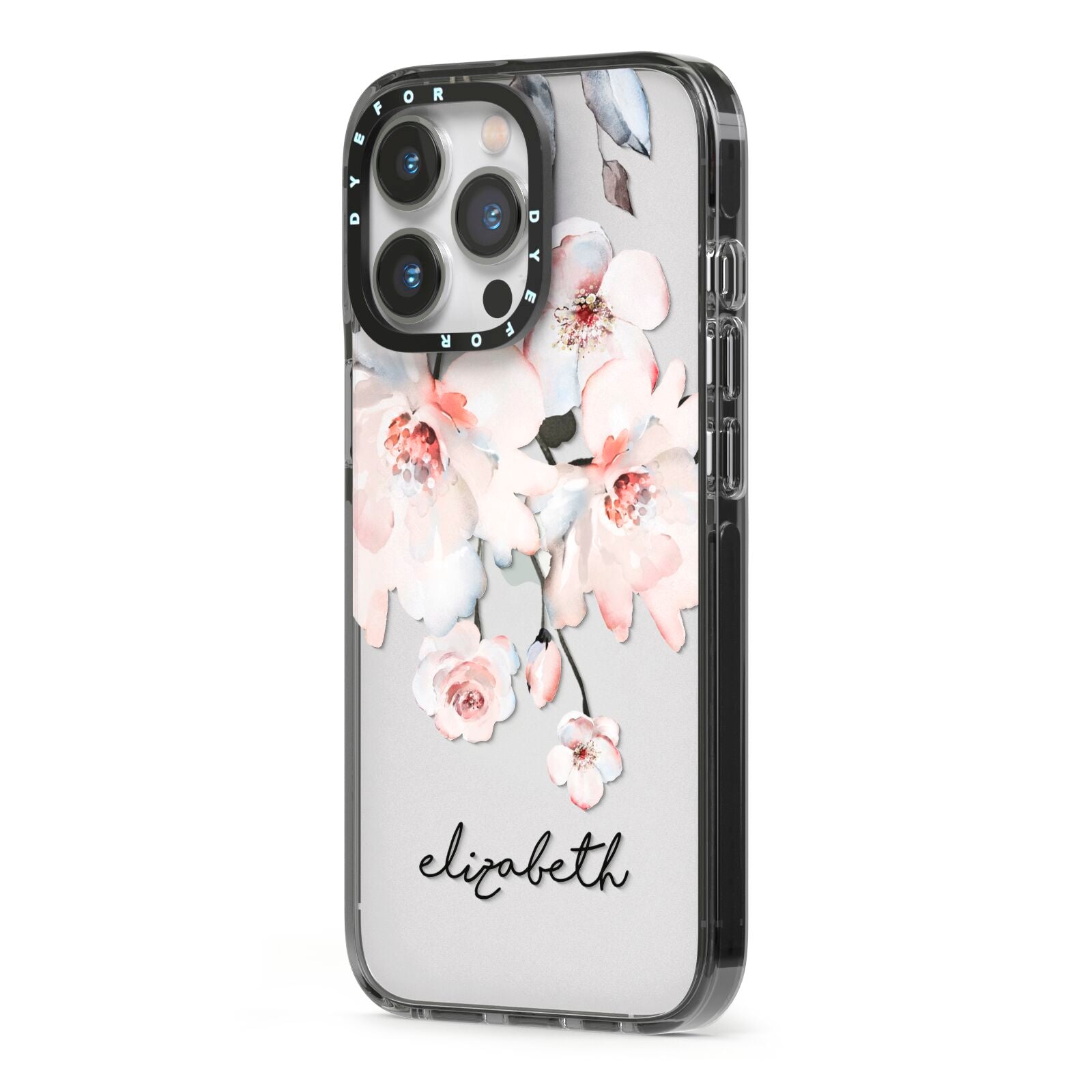 Personalised Name Roses Watercolour iPhone 13 Pro Black Impact Case Side Angle on Silver phone