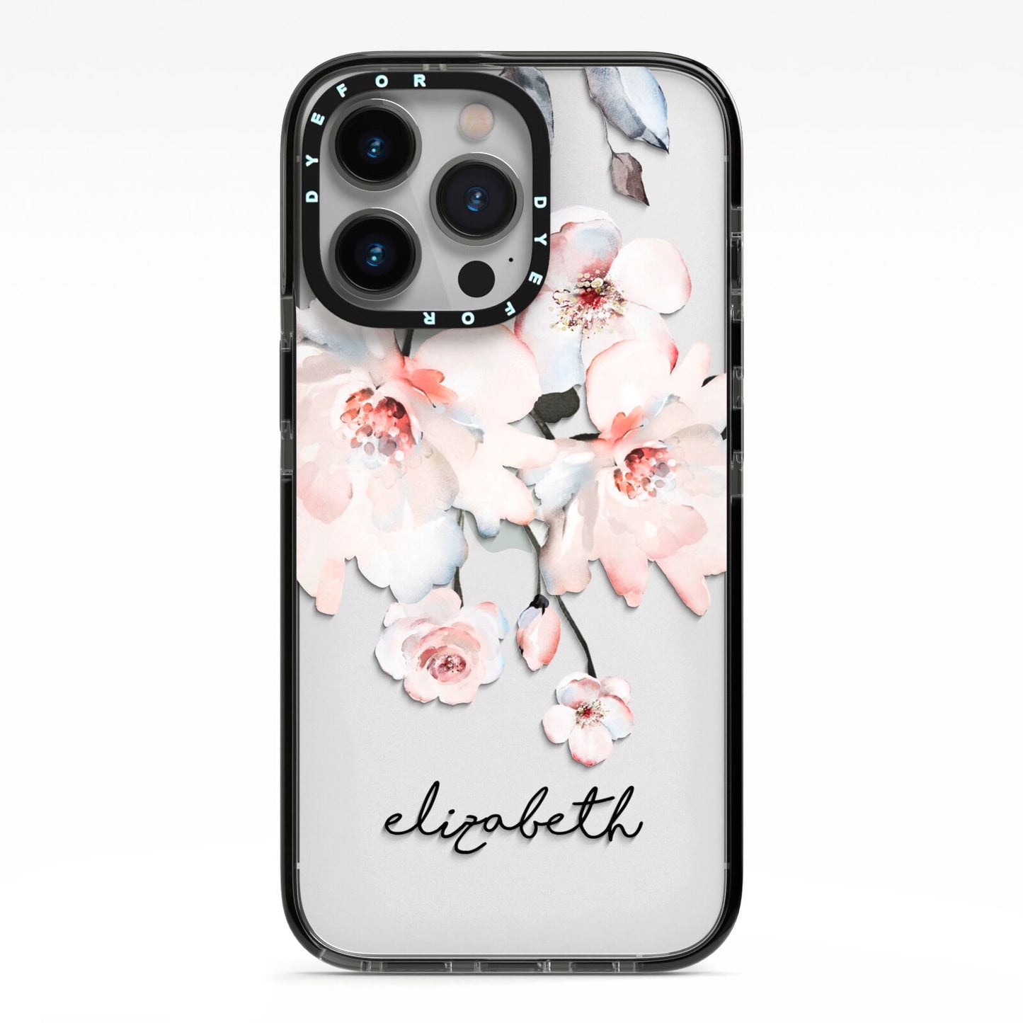 Personalised Name Roses Watercolour iPhone 13 Pro Black Impact Case on Silver phone