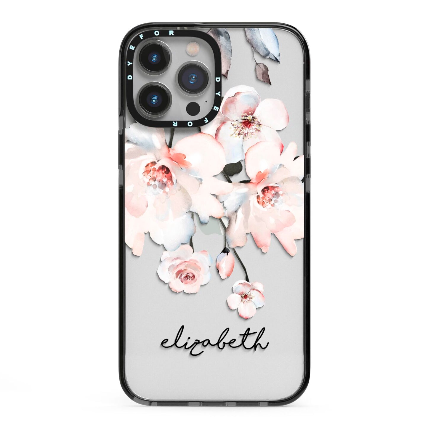 Personalised Name Roses Watercolour iPhone 13 Pro Max Black Impact Case on Silver phone