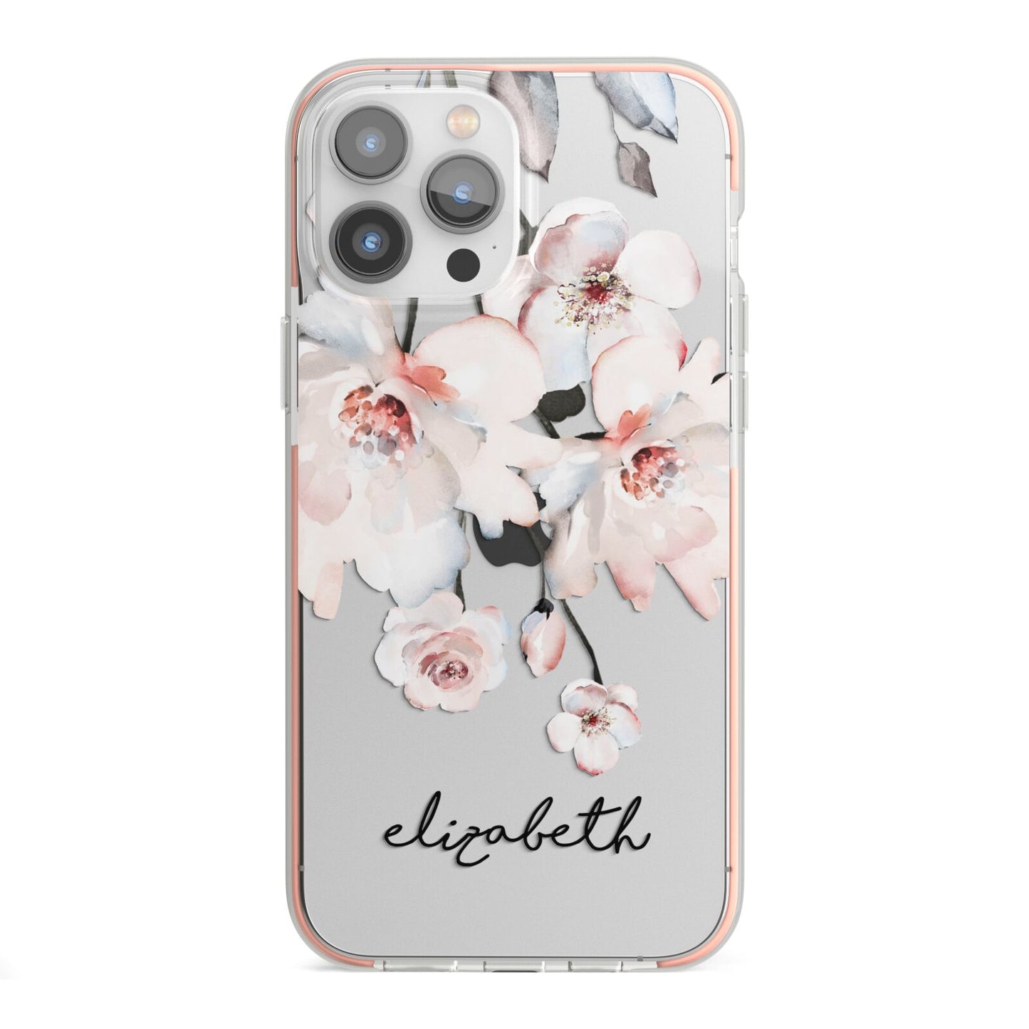 Personalised Name Roses Watercolour iPhone 13 Pro Max TPU Impact Case with Pink Edges