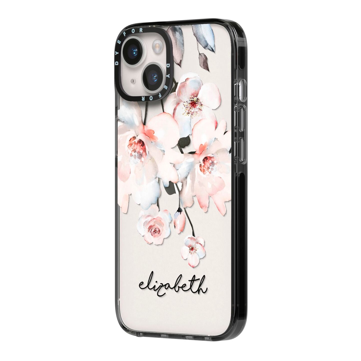 Personalised Name Roses Watercolour iPhone 14 Black Impact Case Side Angle on Silver phone