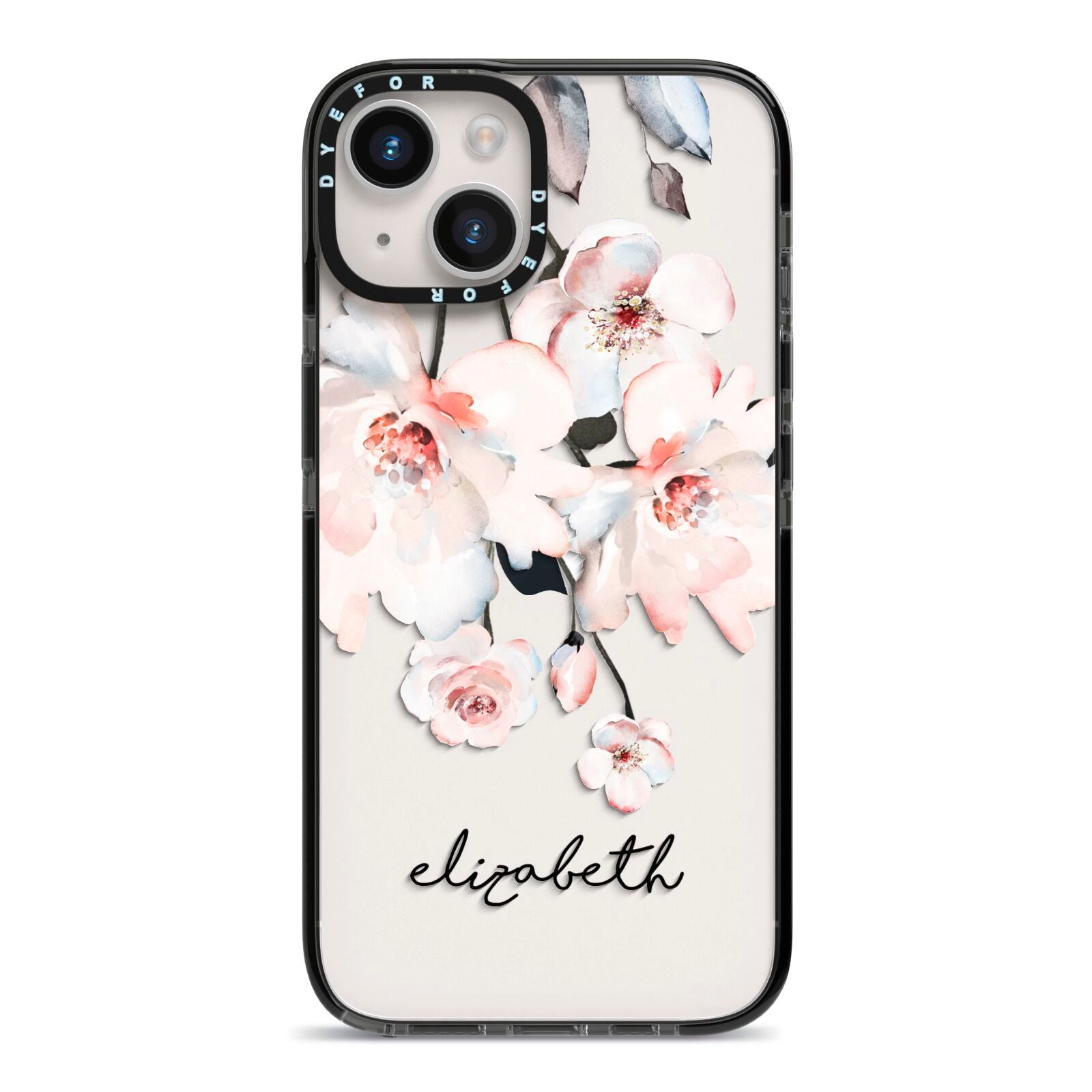 Personalised Name Roses Watercolour iPhone 14 Black Impact Case on Silver phone