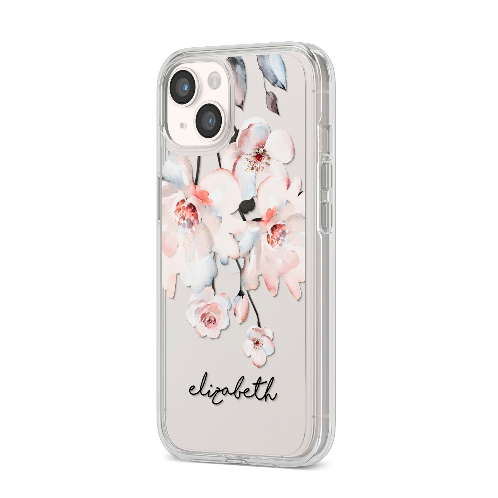 Personalised Name Roses Watercolour iPhone 14 Clear Tough Case Starlight Angled Image