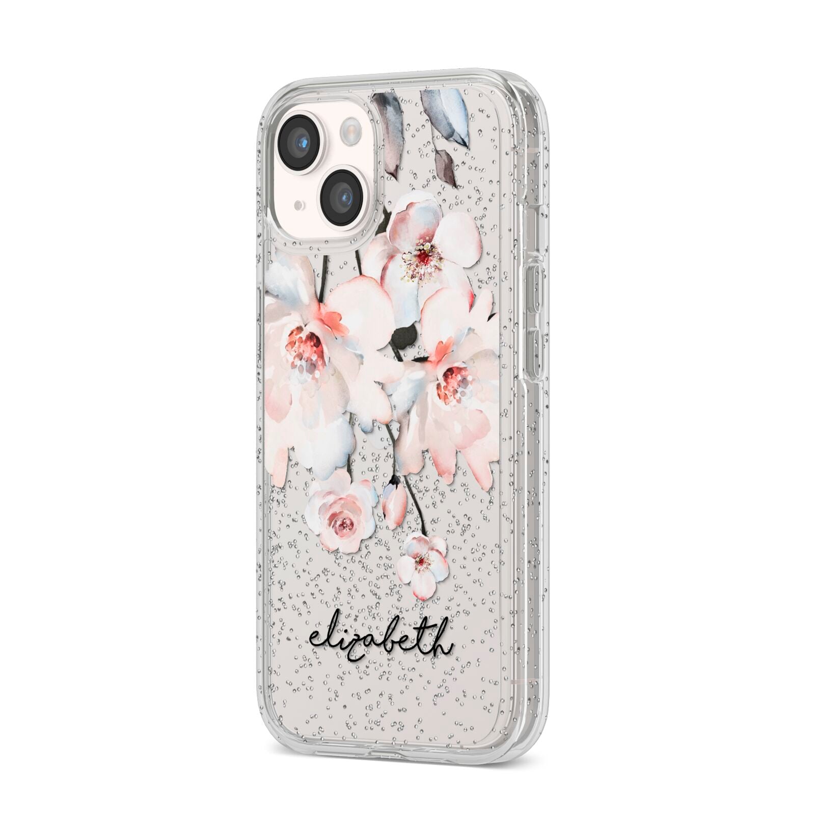 Personalised Name Roses Watercolour iPhone 14 Glitter Tough Case Starlight Angled Image