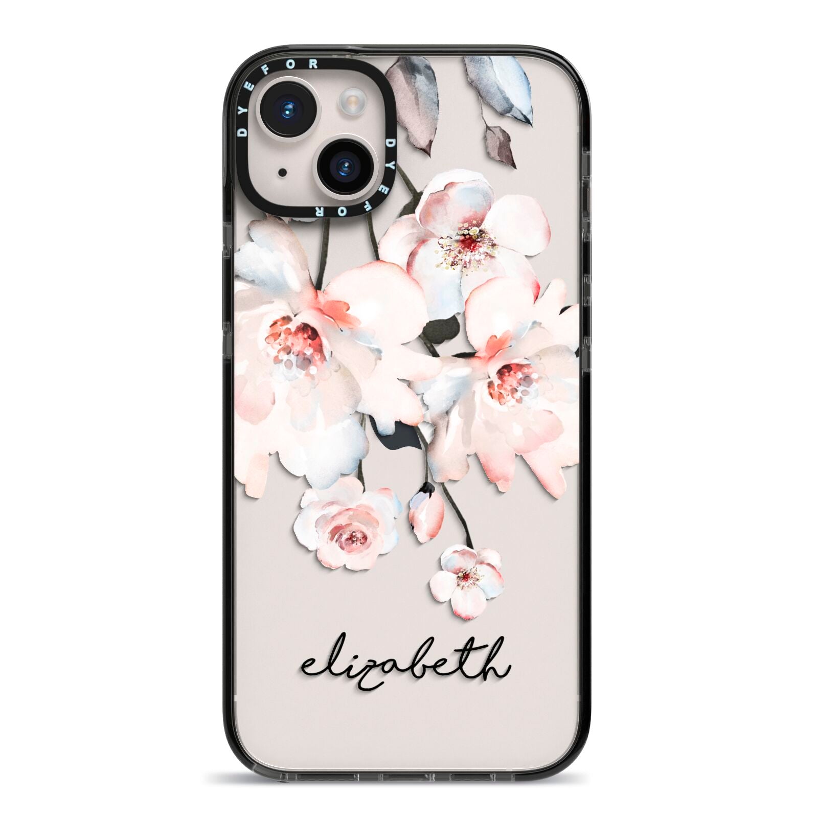 Personalised Name Roses Watercolour iPhone 14 Plus Black Impact Case on Silver phone