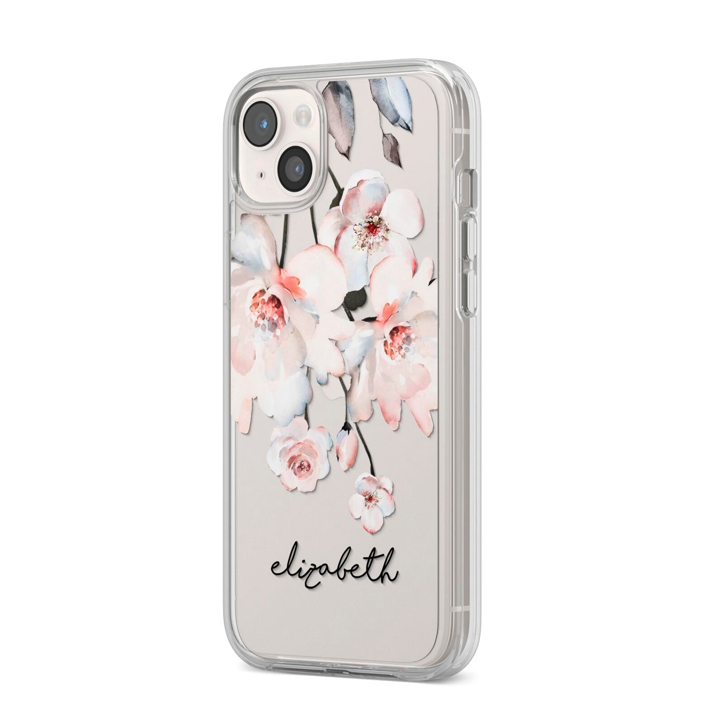 Personalised Name Roses Watercolour iPhone 14 Plus Clear Tough Case Starlight Angled Image
