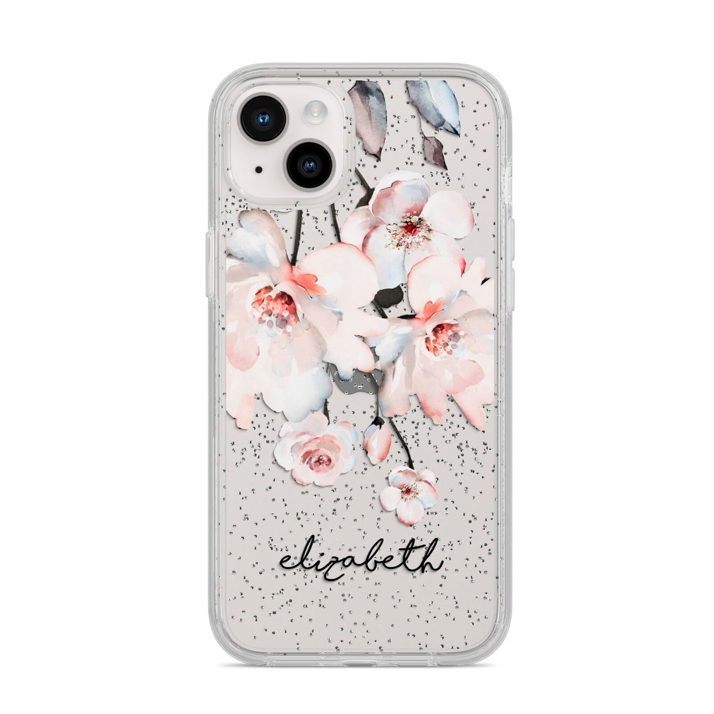 Personalised Name Roses Watercolour iPhone 14 Plus Glitter Tough Case Starlight