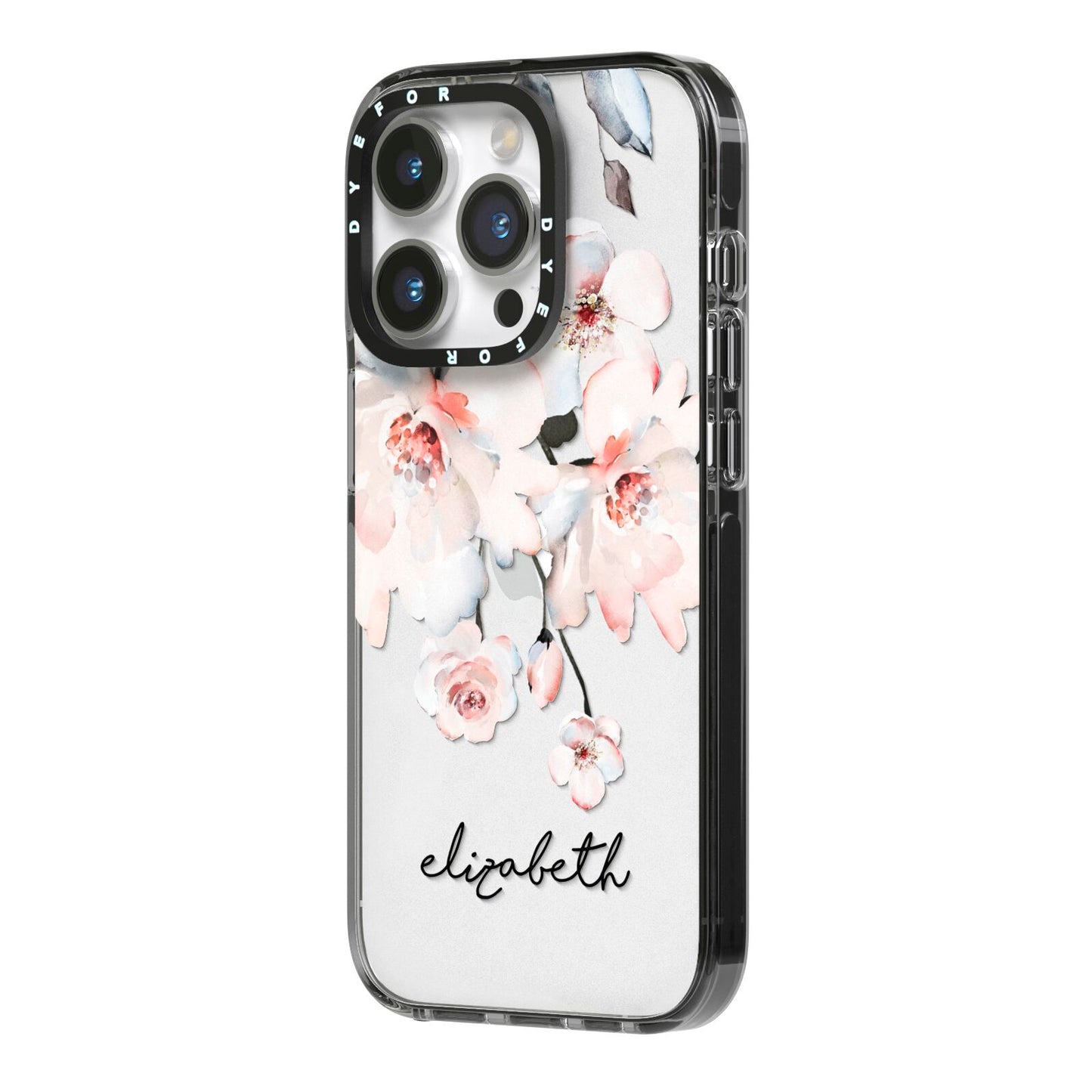 Personalised Name Roses Watercolour iPhone 14 Pro Black Impact Case Side Angle on Silver phone