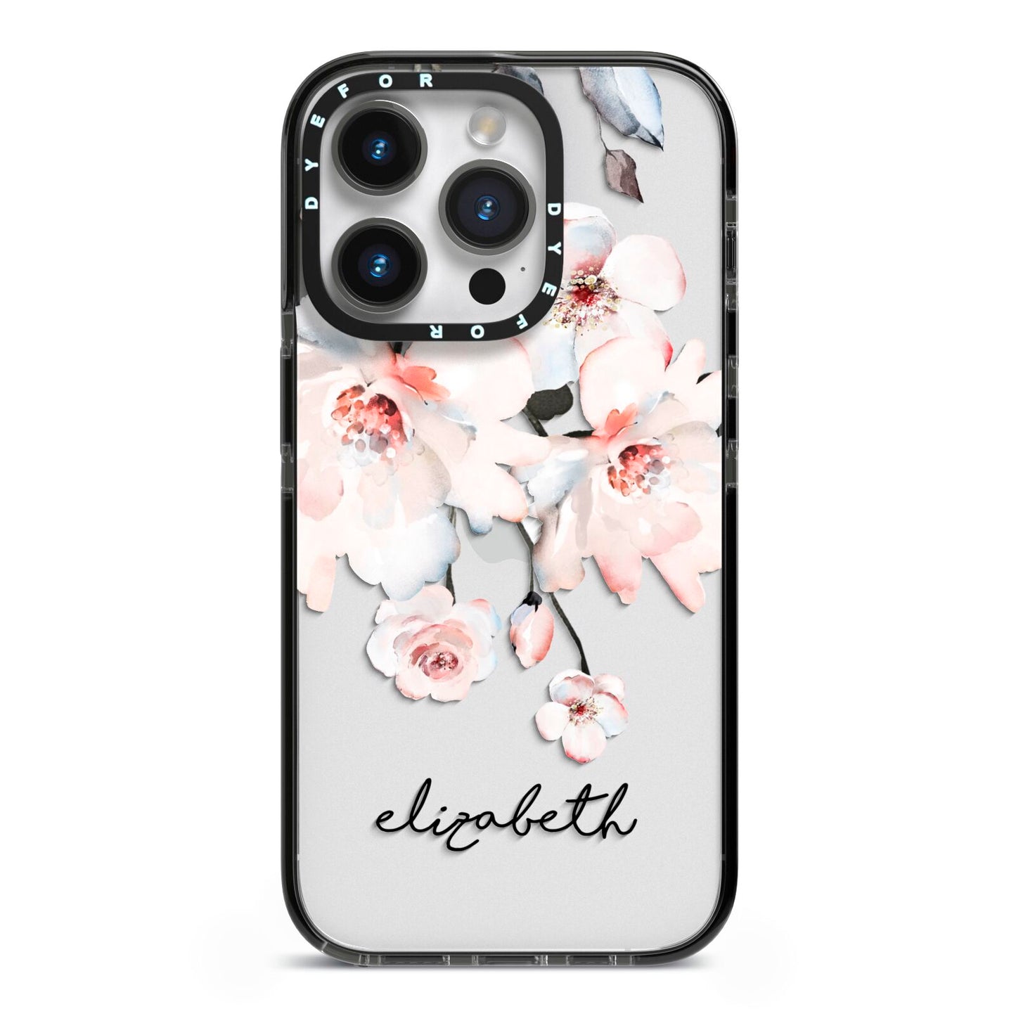 Personalised Name Roses Watercolour iPhone 14 Pro Black Impact Case on Silver phone