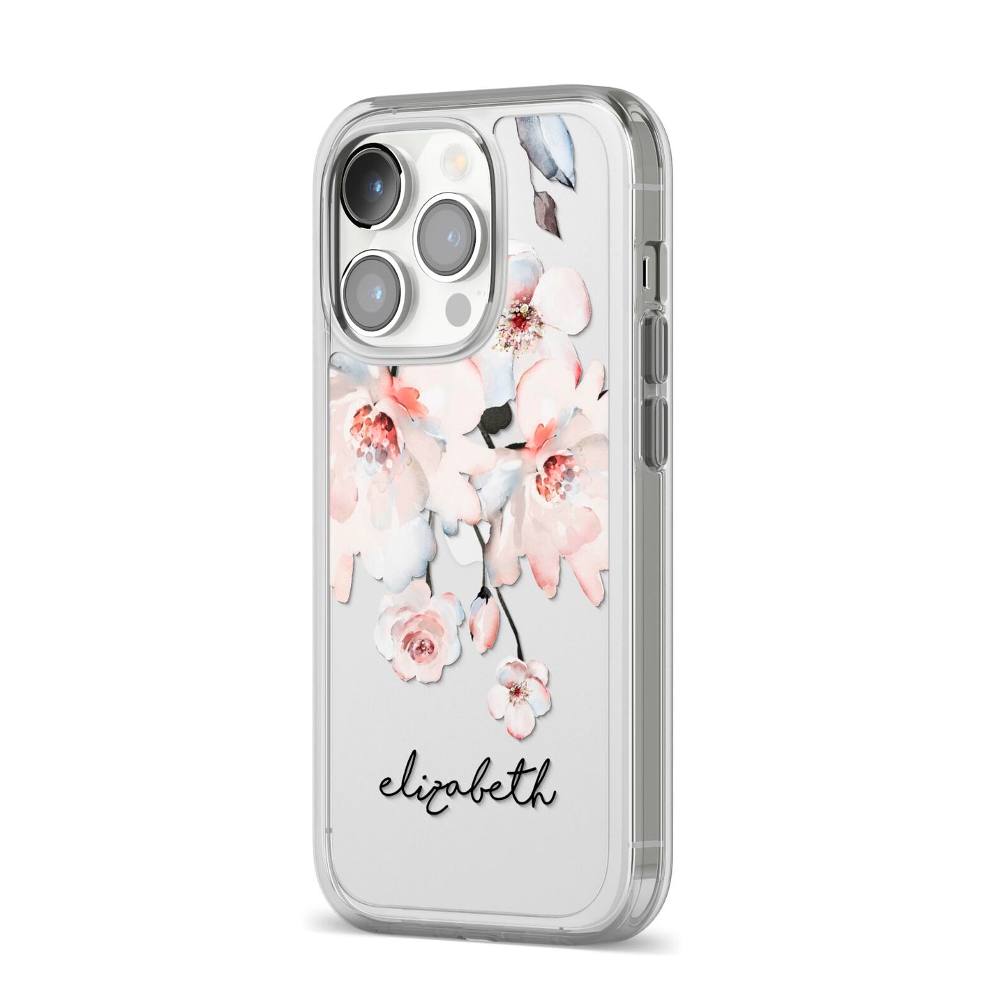 Personalised Name Roses Watercolour iPhone 14 Pro Clear Tough Case Silver Angled Image