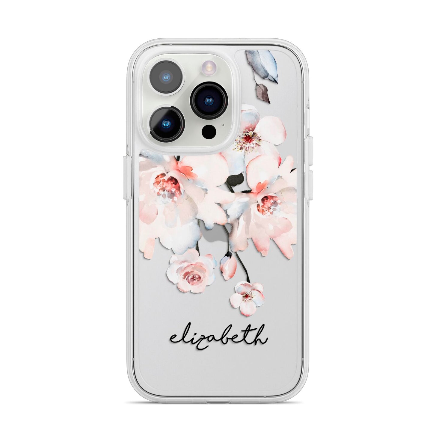 Personalised Name Roses Watercolour iPhone 14 Pro Clear Tough Case Silver
