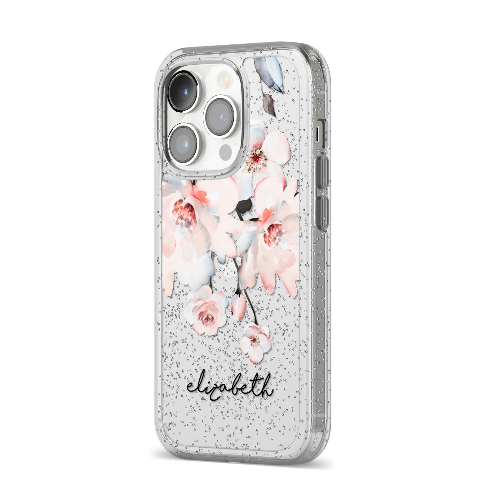 Personalised Name Roses Watercolour iPhone 14 Pro Glitter Tough Case Silver Angled Image