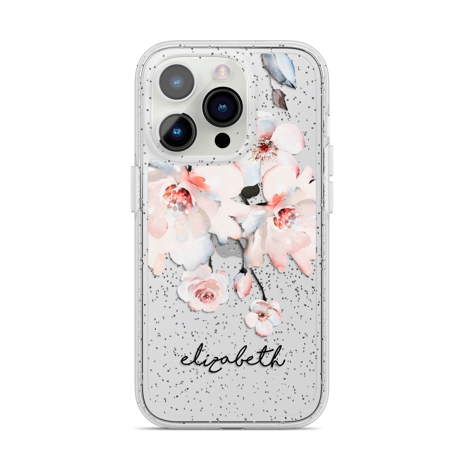 Personalised Name Roses Watercolour iPhone 14 Pro Glitter Tough Case Silver