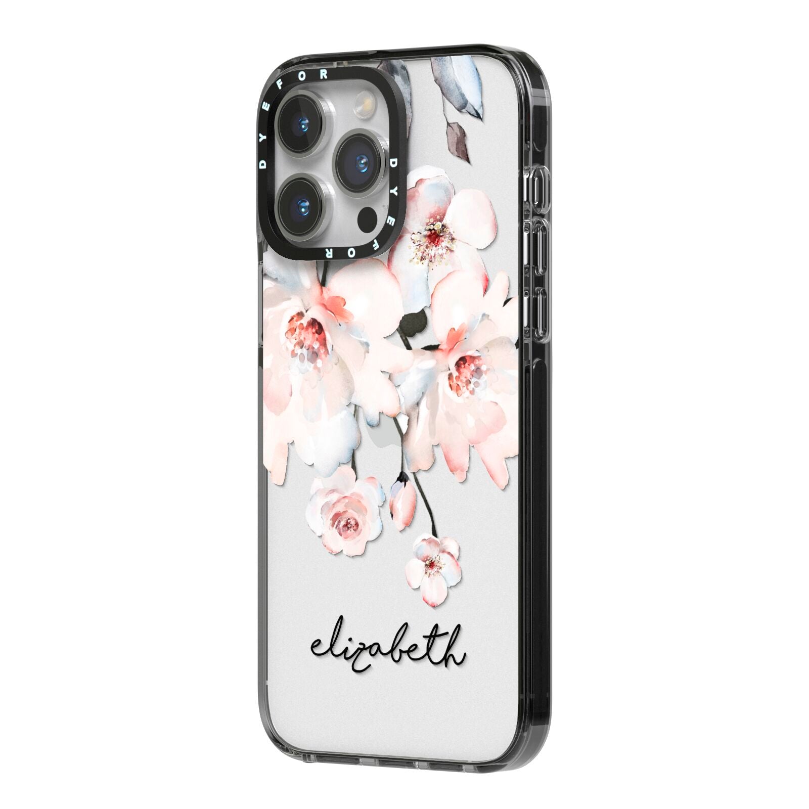 Personalised Name Roses Watercolour iPhone 14 Pro Max Black Impact Case Side Angle on Silver phone