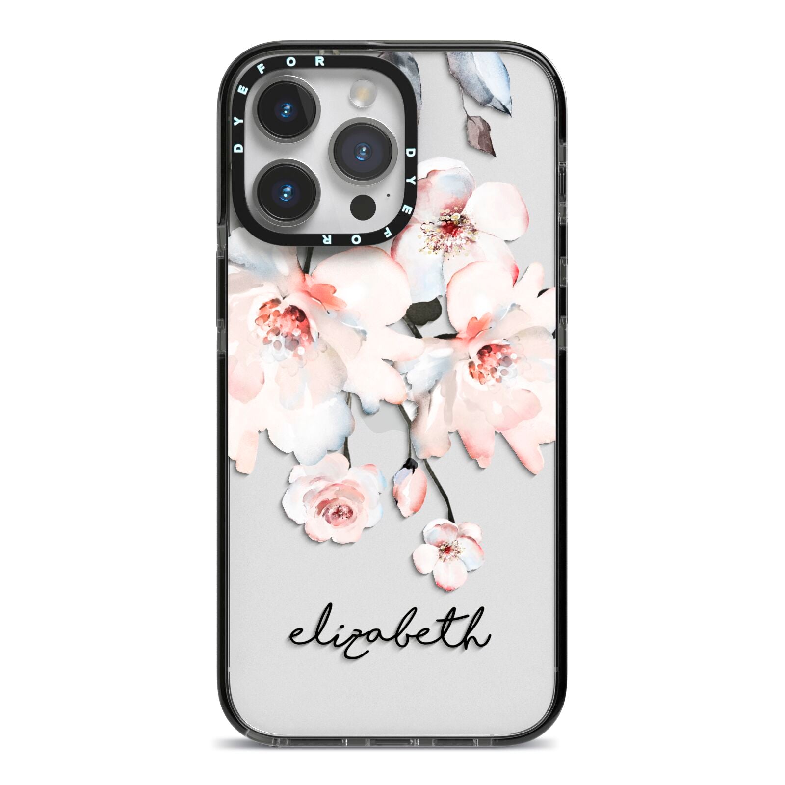 Personalised Name Roses Watercolour iPhone 14 Pro Max Black Impact Case on Silver phone