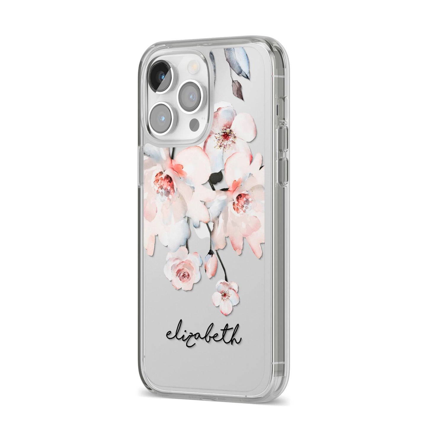 Personalised Name Roses Watercolour iPhone 14 Pro Max Clear Tough Case Silver Angled Image