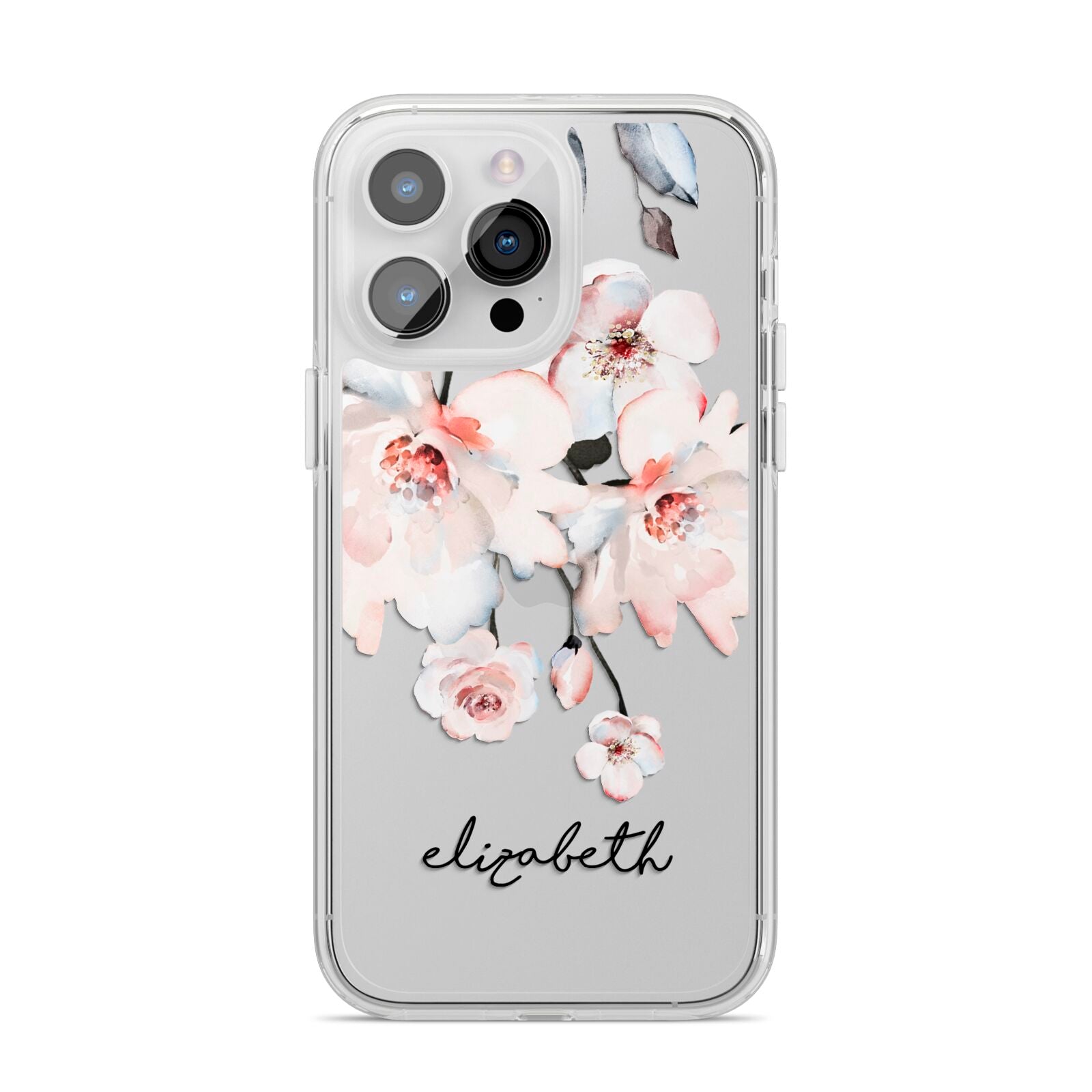Personalised Name Roses Watercolour iPhone 14 Pro Max Clear Tough Case Silver