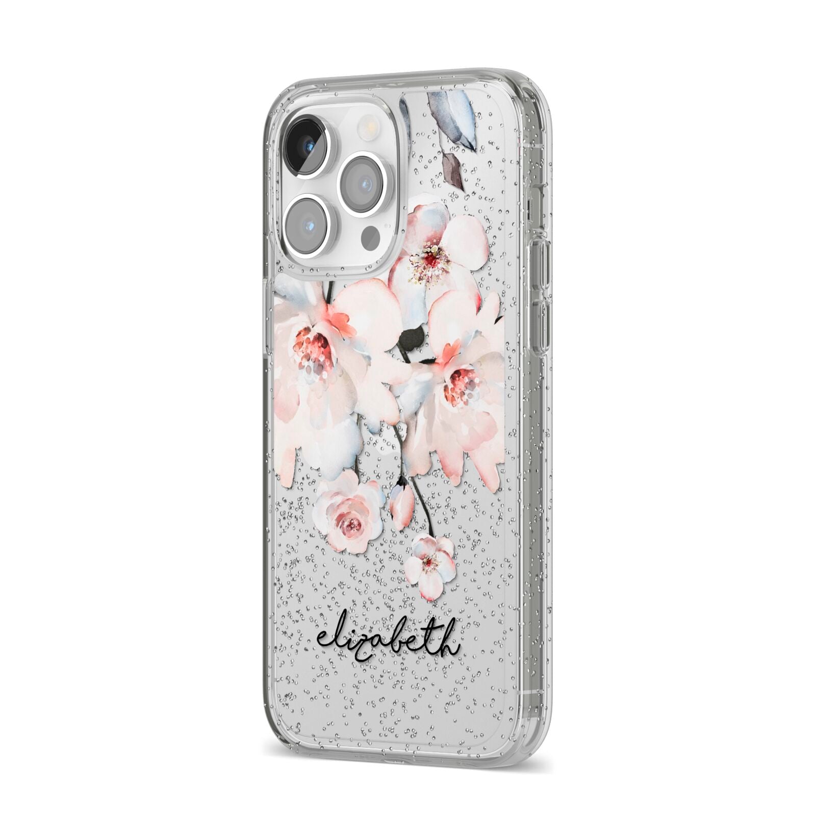 Personalised Name Roses Watercolour iPhone 14 Pro Max Glitter Tough Case Silver Angled Image