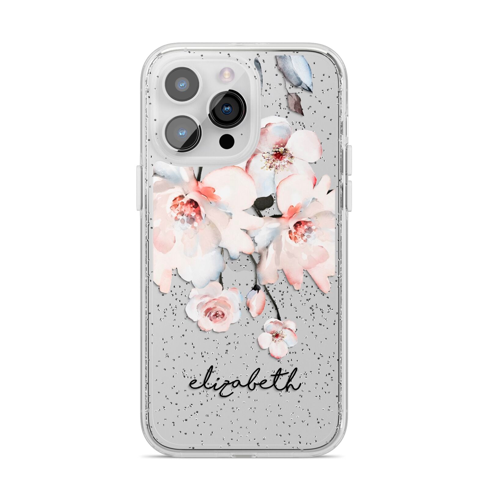 Personalised Name Roses Watercolour iPhone 14 Pro Max Glitter Tough Case Silver