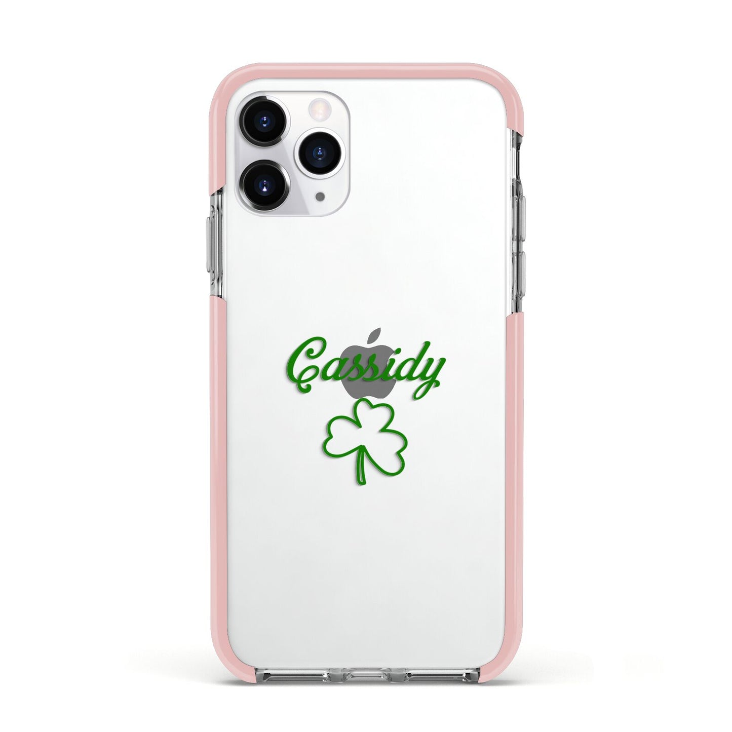 Personalised Name Shamrock Apple iPhone 11 Pro in Silver with Pink Impact Case